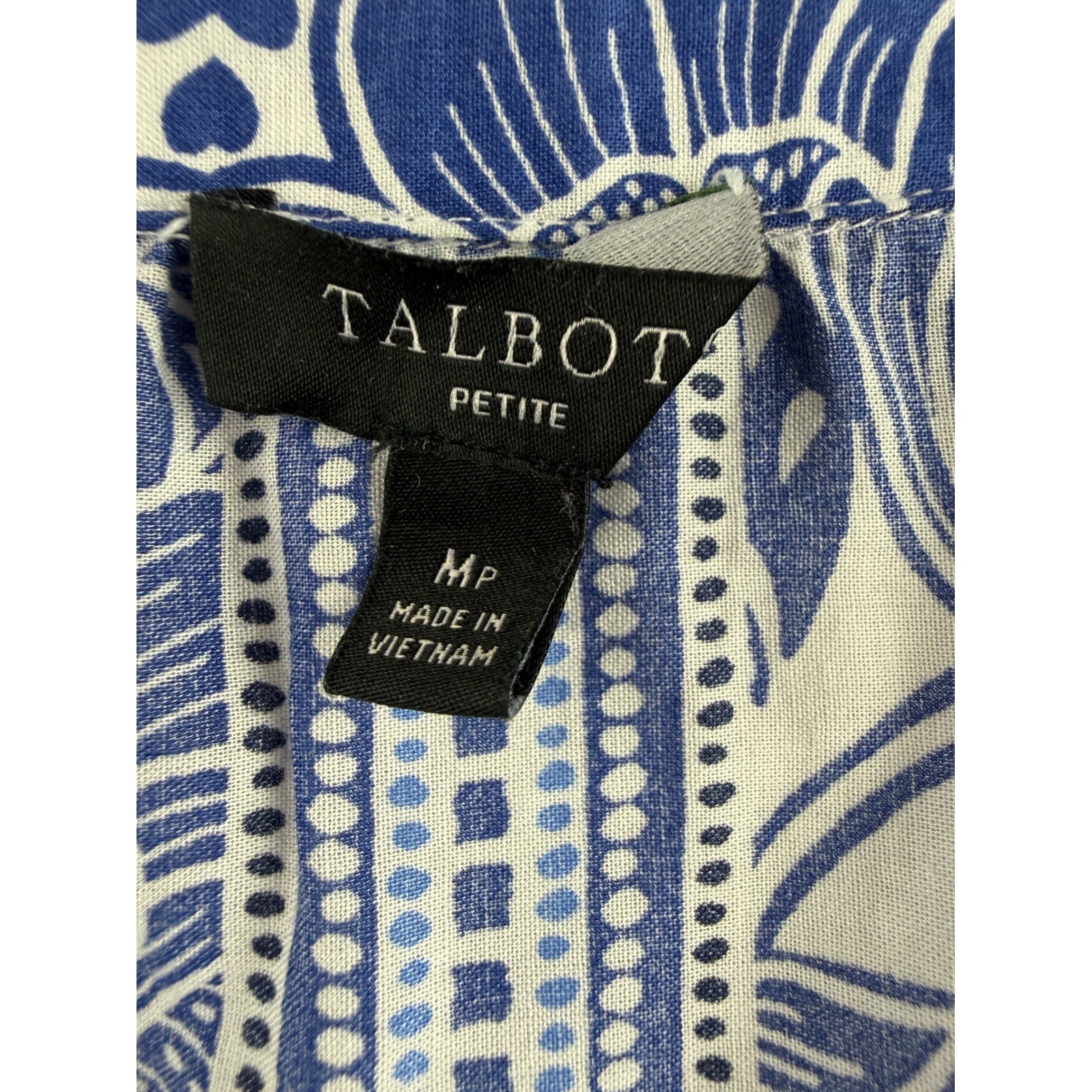 Talbots Petite Medium Blue White Floral Cotton Tassel Cap Sleeve Boho Top MP