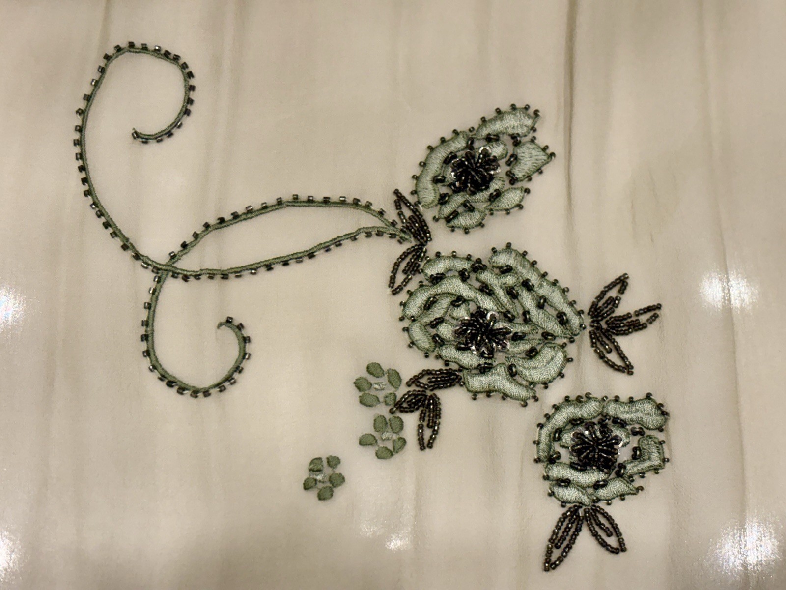Lillie Rubin 100% Silk Green Beaded Floral Embroidered Dress Size 4 & Scarf