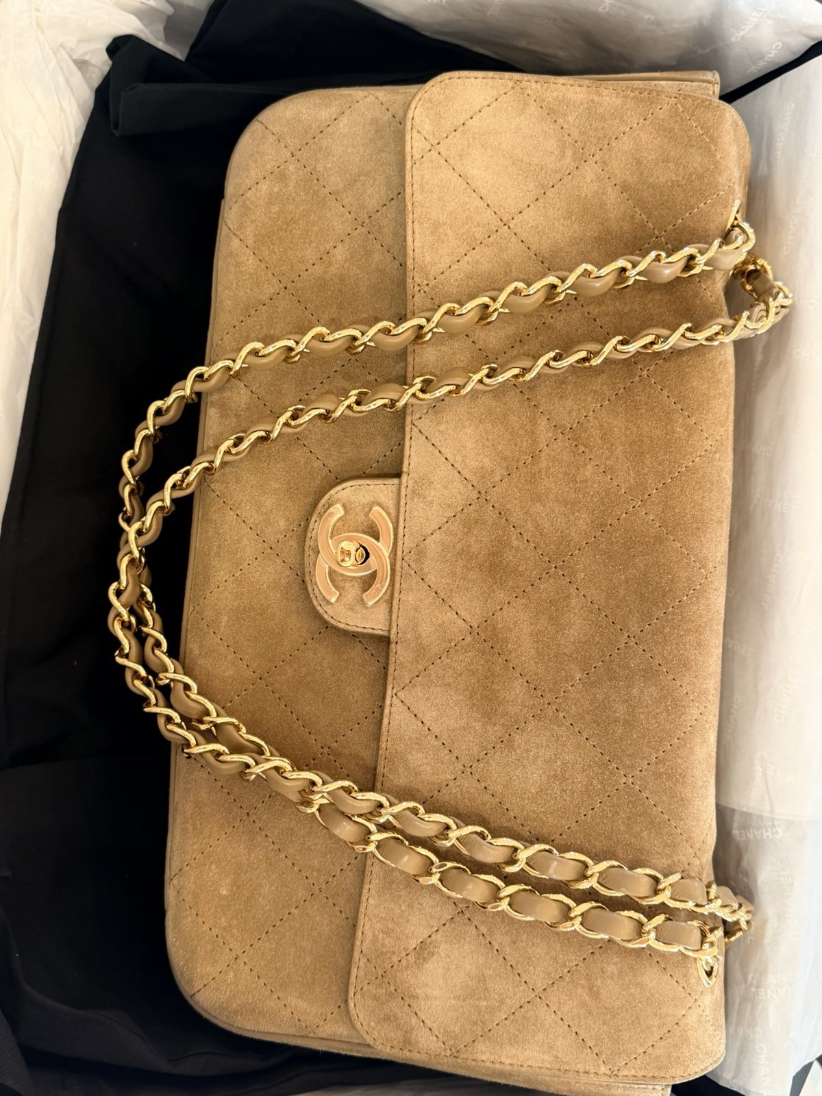 CHANEL Beige Quilted Flap Shoulder Bag Chain Strap Turn Lock Gold HW