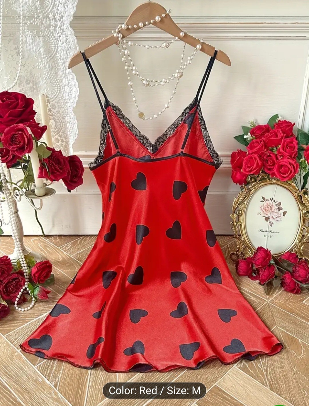 Heart Print Camisole Sleep Dress – Lace Trim, V-Neck, Machine Washable – Size M