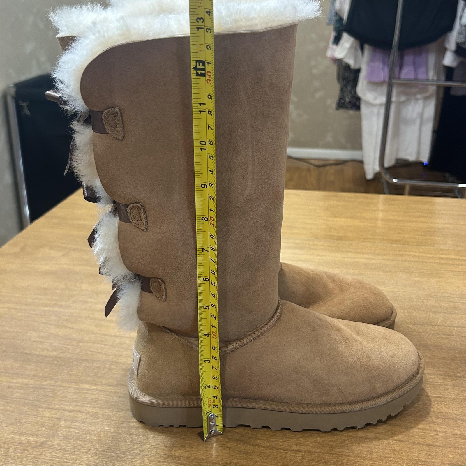 UGG Boots Womens Size 7 Brown Suede Shearling Bow Mid Calf Winter Fur Lined