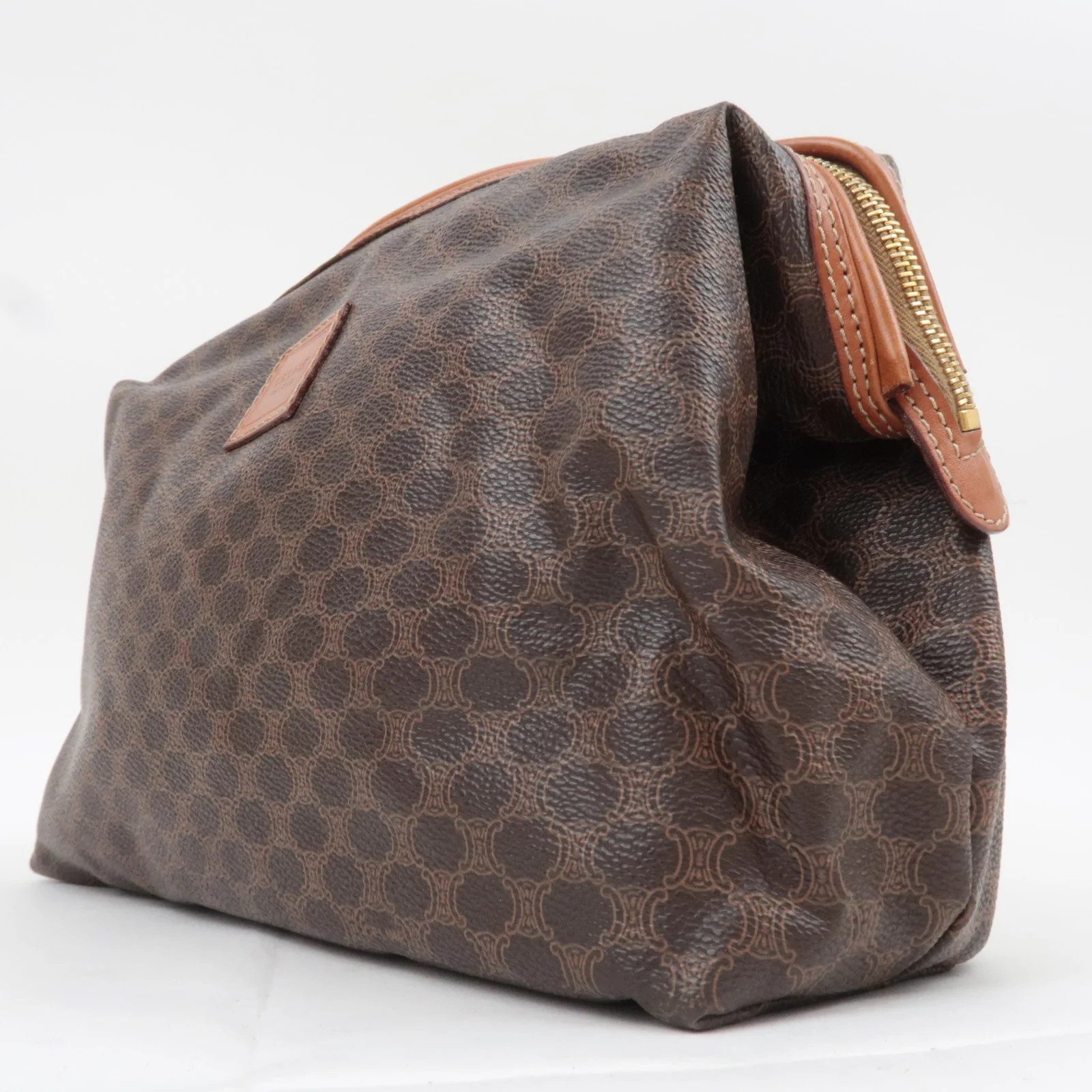 CELINE Macadam PVC Leather Cosmetic Pouch Brown Gold HDW Authentic