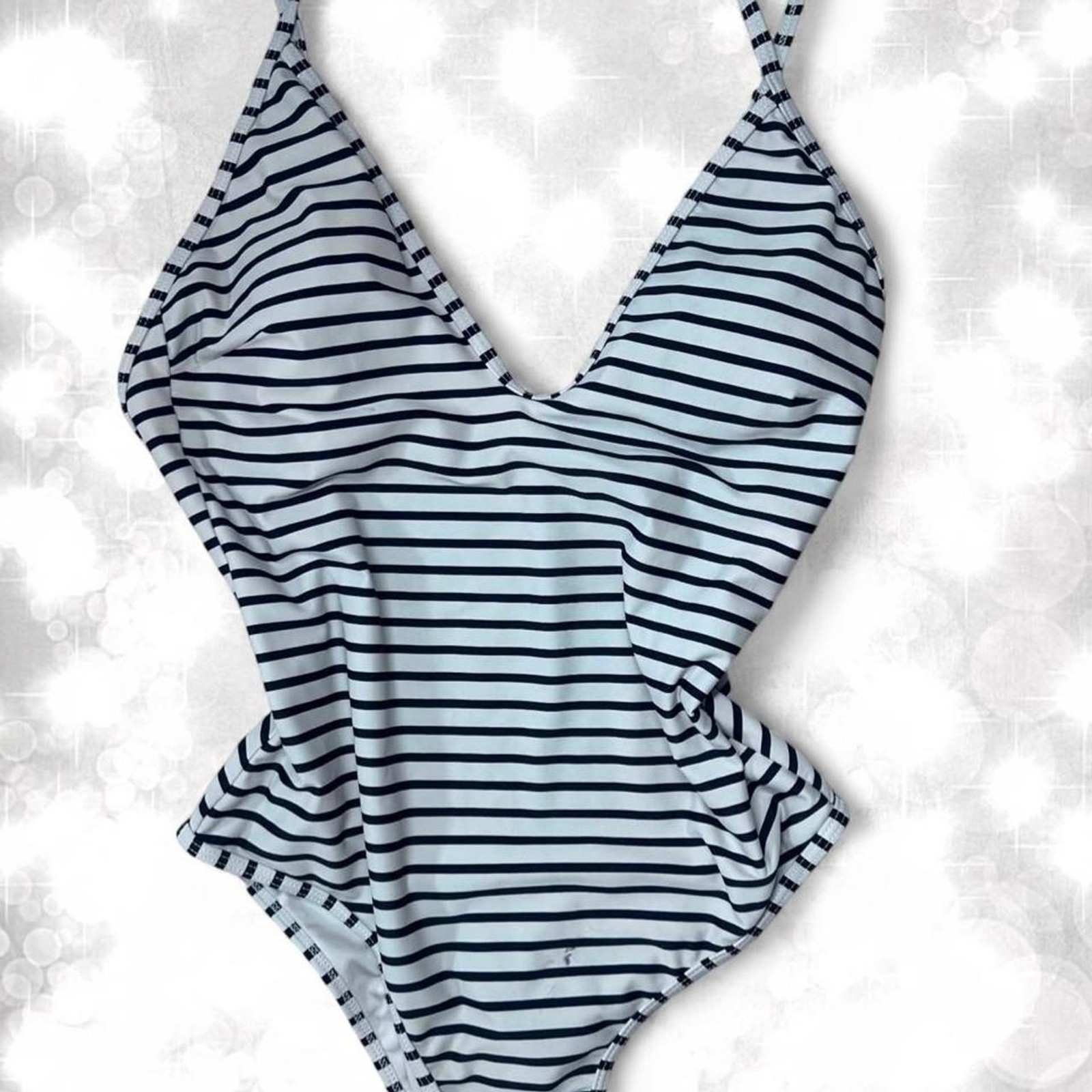 Gothic Style One Piece Black and White Striped Halter Top Swimsuit