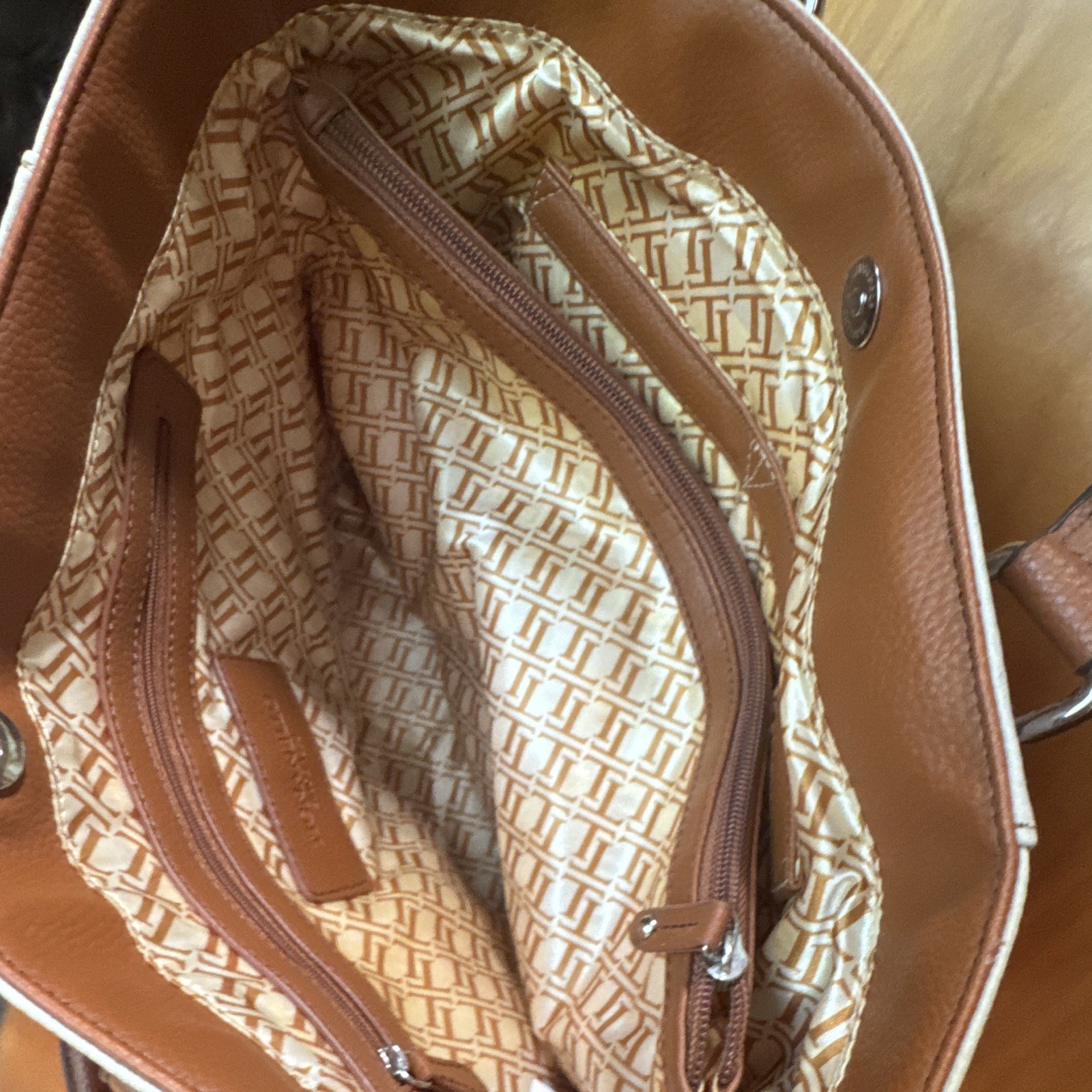Tignanello Colorblock Tote Bag Red Beige Brown Snap Zip Closure Inner Pockets