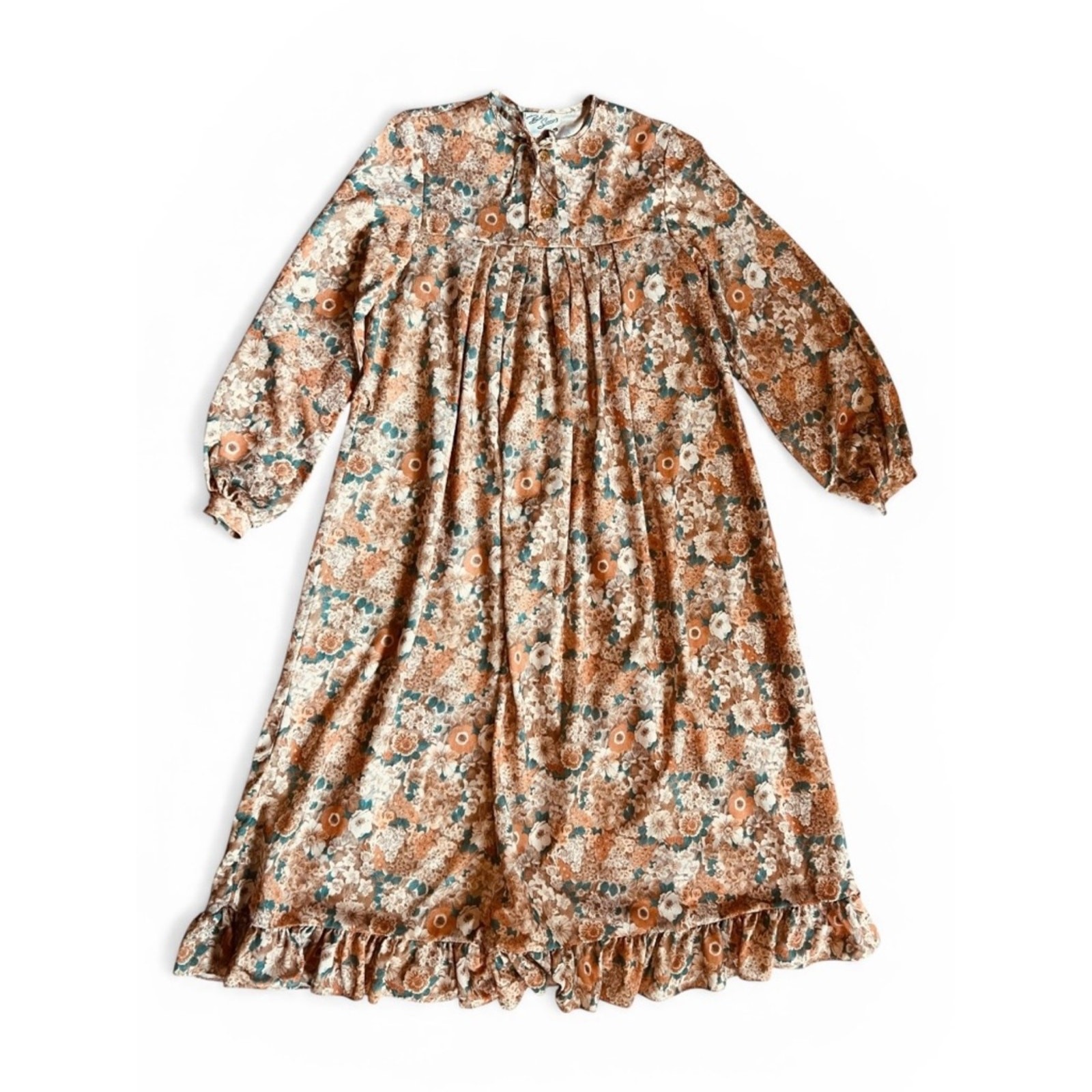 Vintage 70s Bob Simmons Women’s Sz S Tan Floral Ruffle Dress Midi Long Sleeves