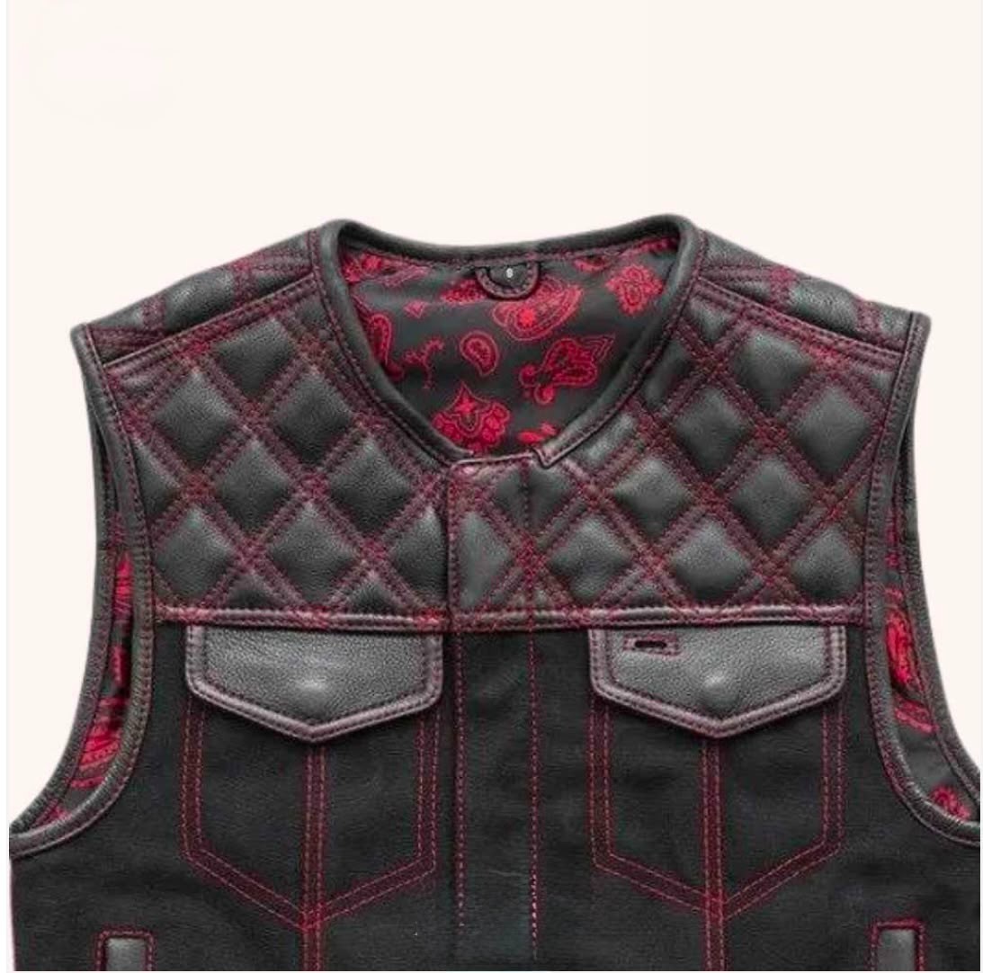 Men’s Black Leather Denim Motorcycle Vest Red Stitch Biker Club Style