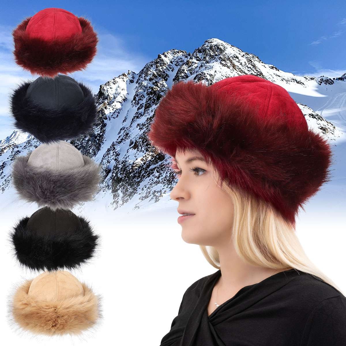 Women Round Russian Fluffy Faux Fox Fur Hat Winter Ear Head Warmer Ski Hats Cap