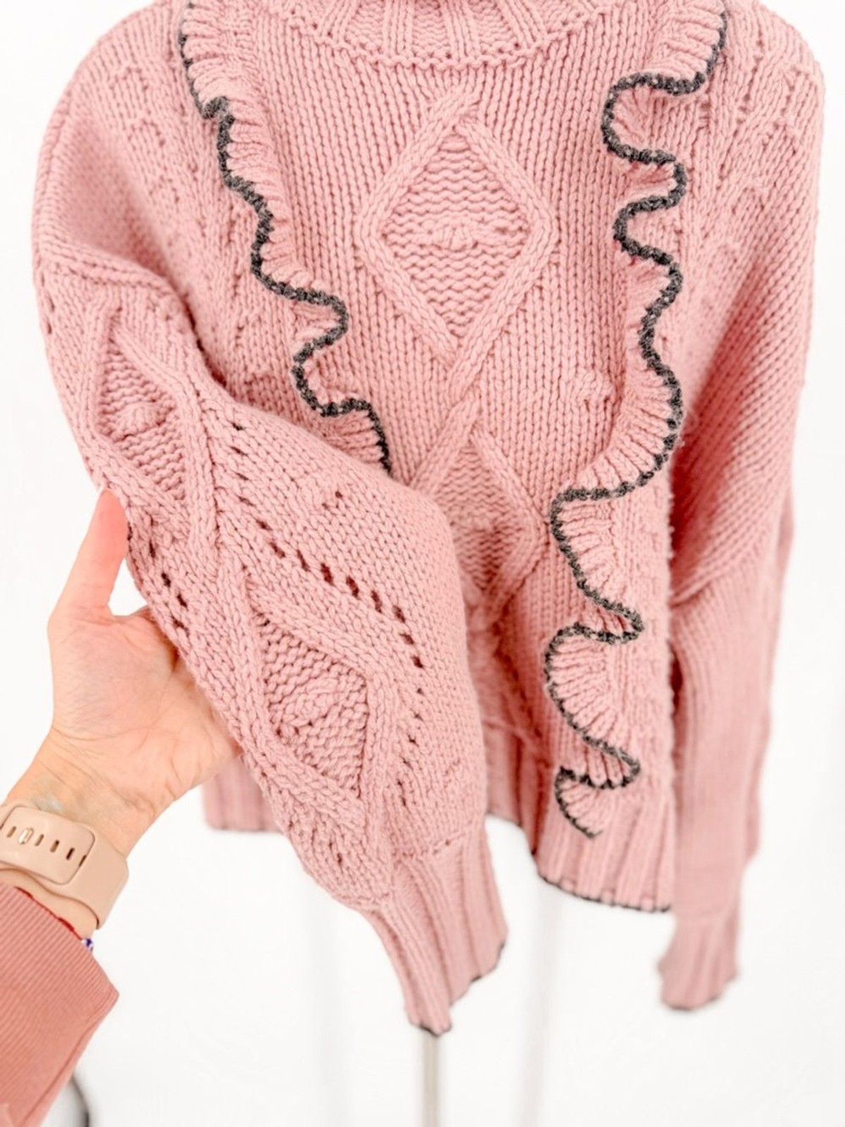 cinq a sept Dusty Pink Cable Turtleneck Sweater with Contrast Trim