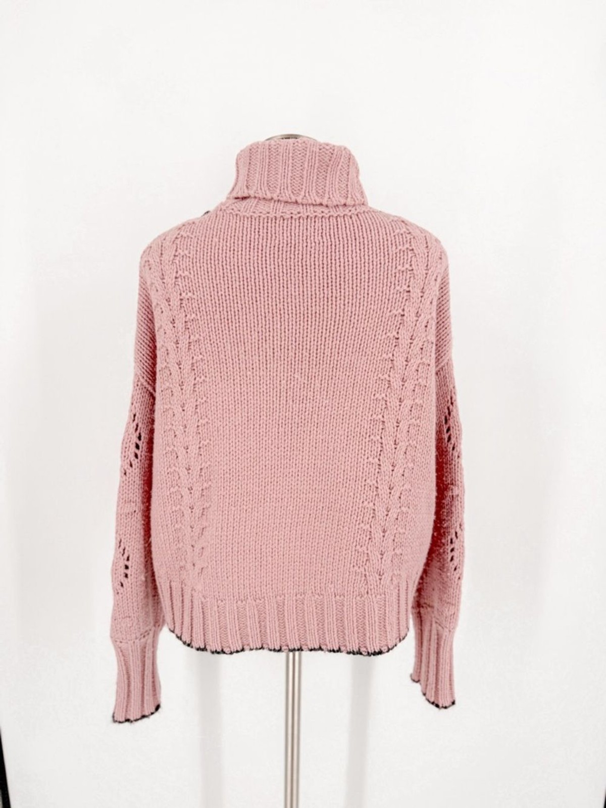 cinq a sept Dusty Pink Cable Turtleneck Sweater with Contrast Trim