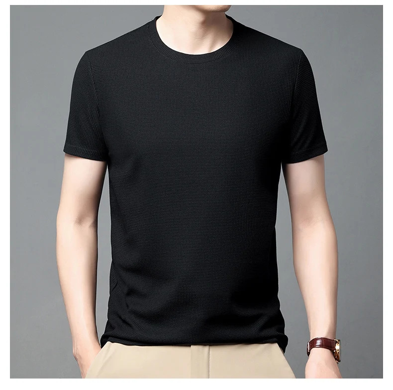 New Summer Waffle Round Neck Short Sleeved T-shirt for Men’s Short Sleeved Top