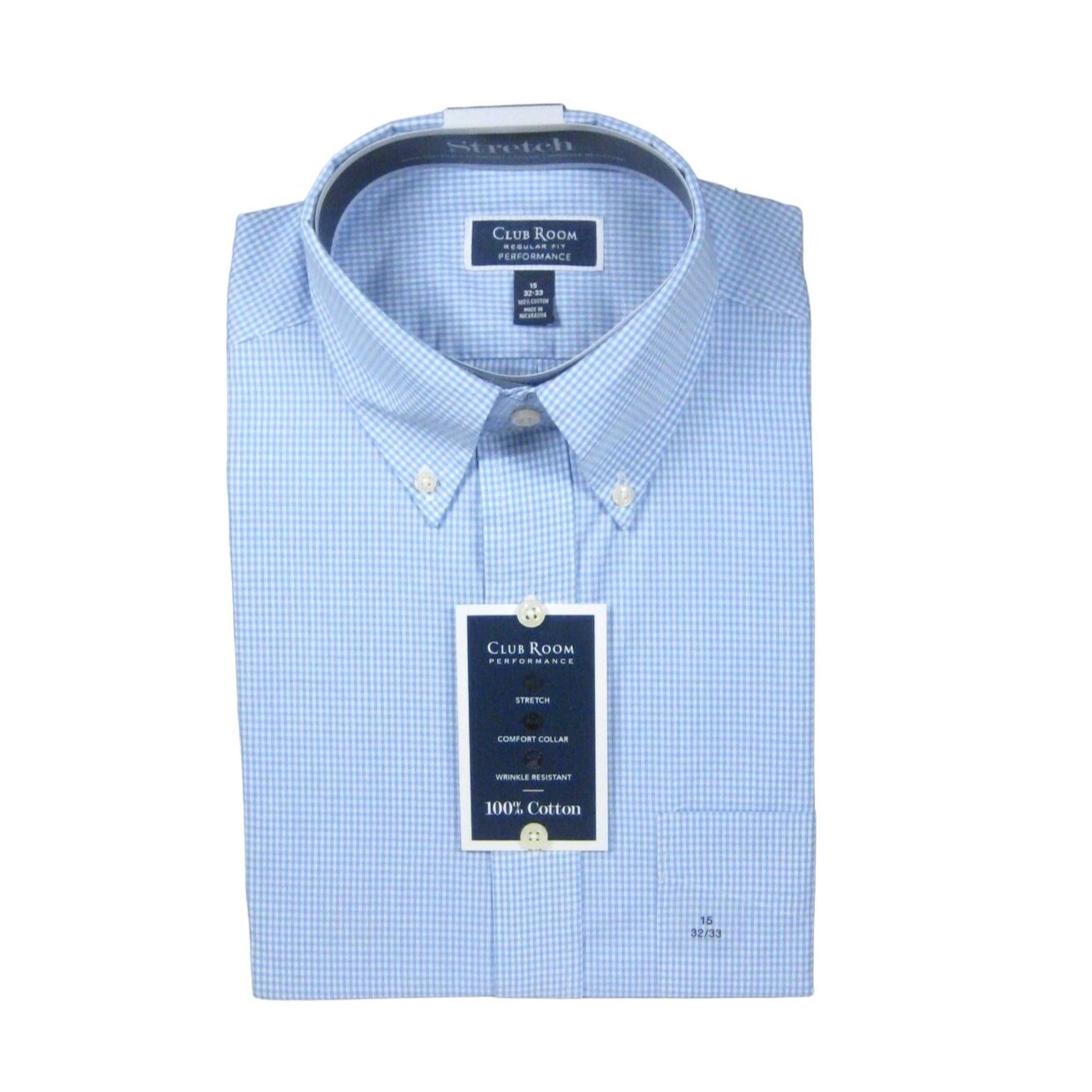 Club Room Mens Regular Fit Performance Stretch Dress 32 to 33 Shirt 15 Gingham