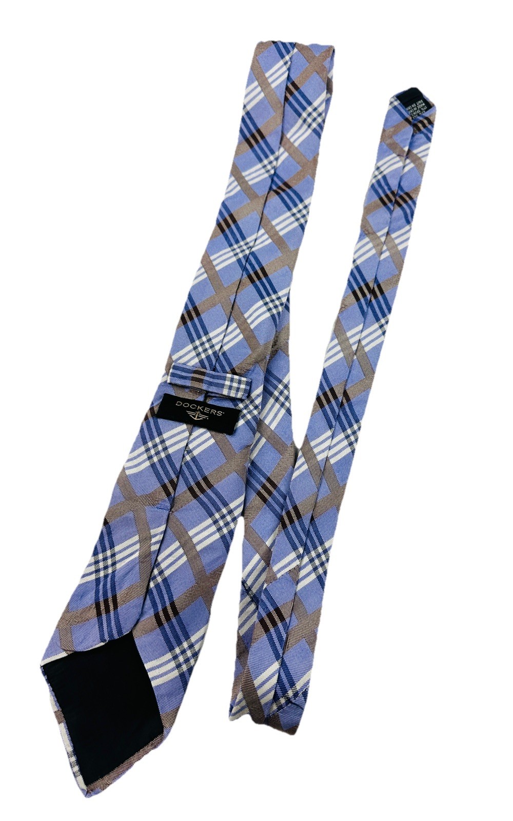 Vintage Dockers Silk Tie 60”x3.5” Periwinkle & Tan White Plaid Tartan Design