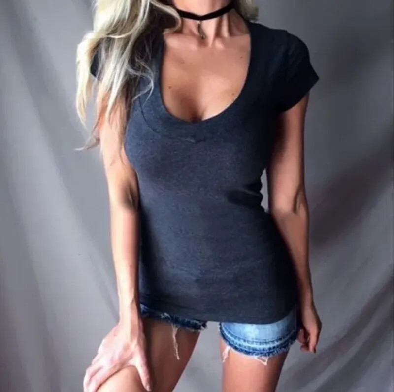 Sexy Women’s Deep V-Neck Fitted Cotton Short Sleeve Stretch Basic Tee Shirt Top
