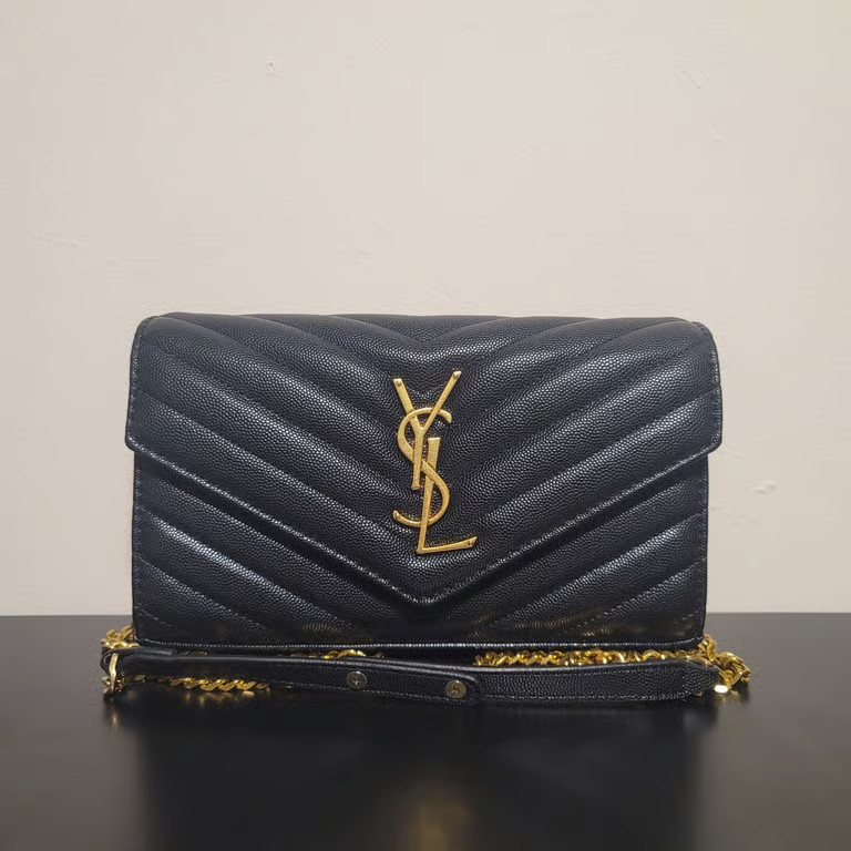 Saint Laurent YSL WOC Crossbody Bag Black Leather Gold Chain Strap