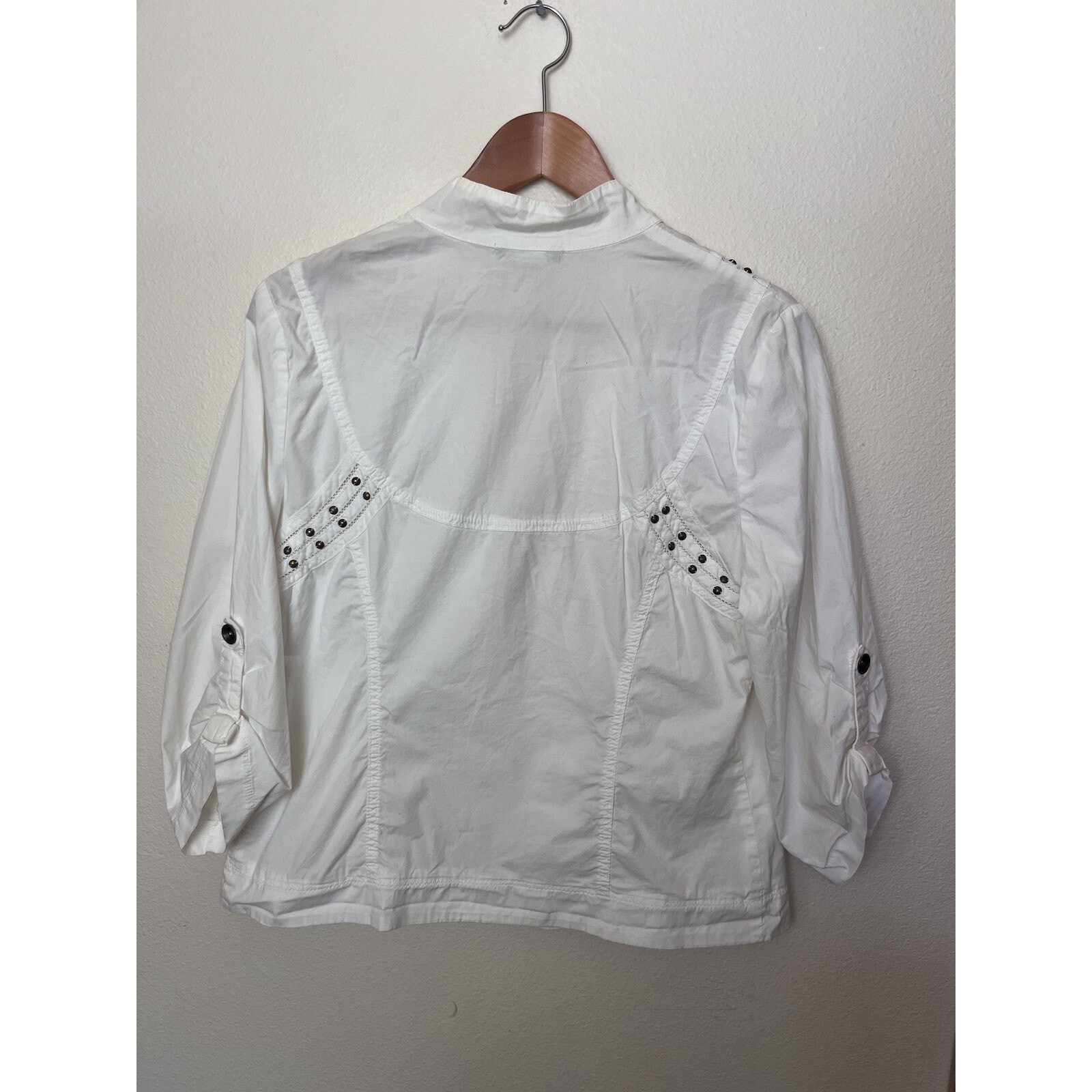 XCVI White Embellished Zip Shirt Stretch Jacket Studded Beaded Cotton Sz Large