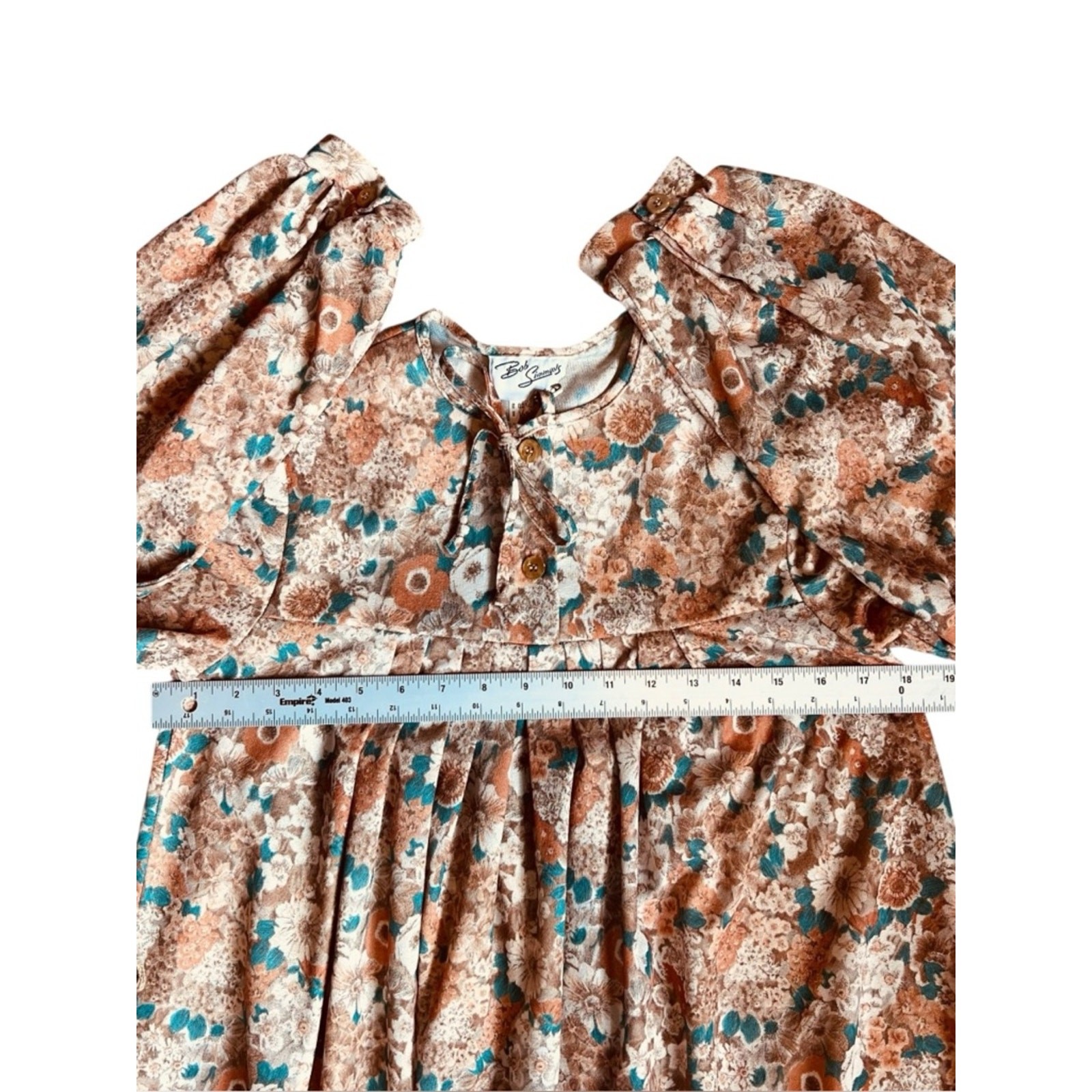 Vintage 70s Bob Simmons Women’s Sz S Tan Floral Ruffle Dress Midi Long Sleeves