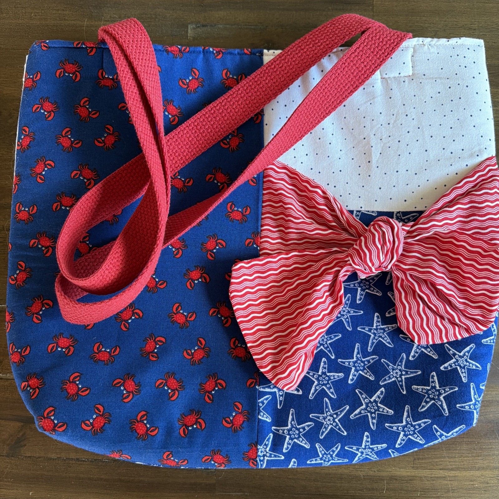 Handmade Patriotic Nautical Handbag Tote Red White Blue Starfish Crab Stripe Bow