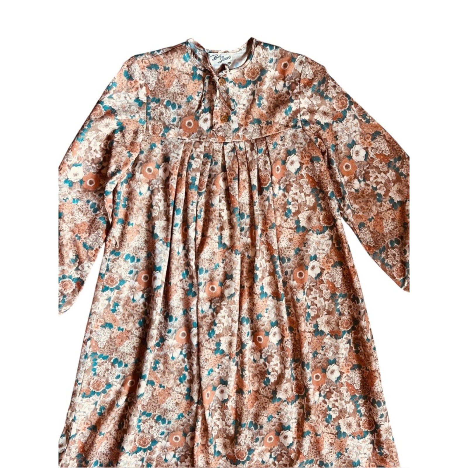 Vintage 70s Bob Simmons Women’s Sz S Tan Floral Ruffle Dress Midi Long Sleeves