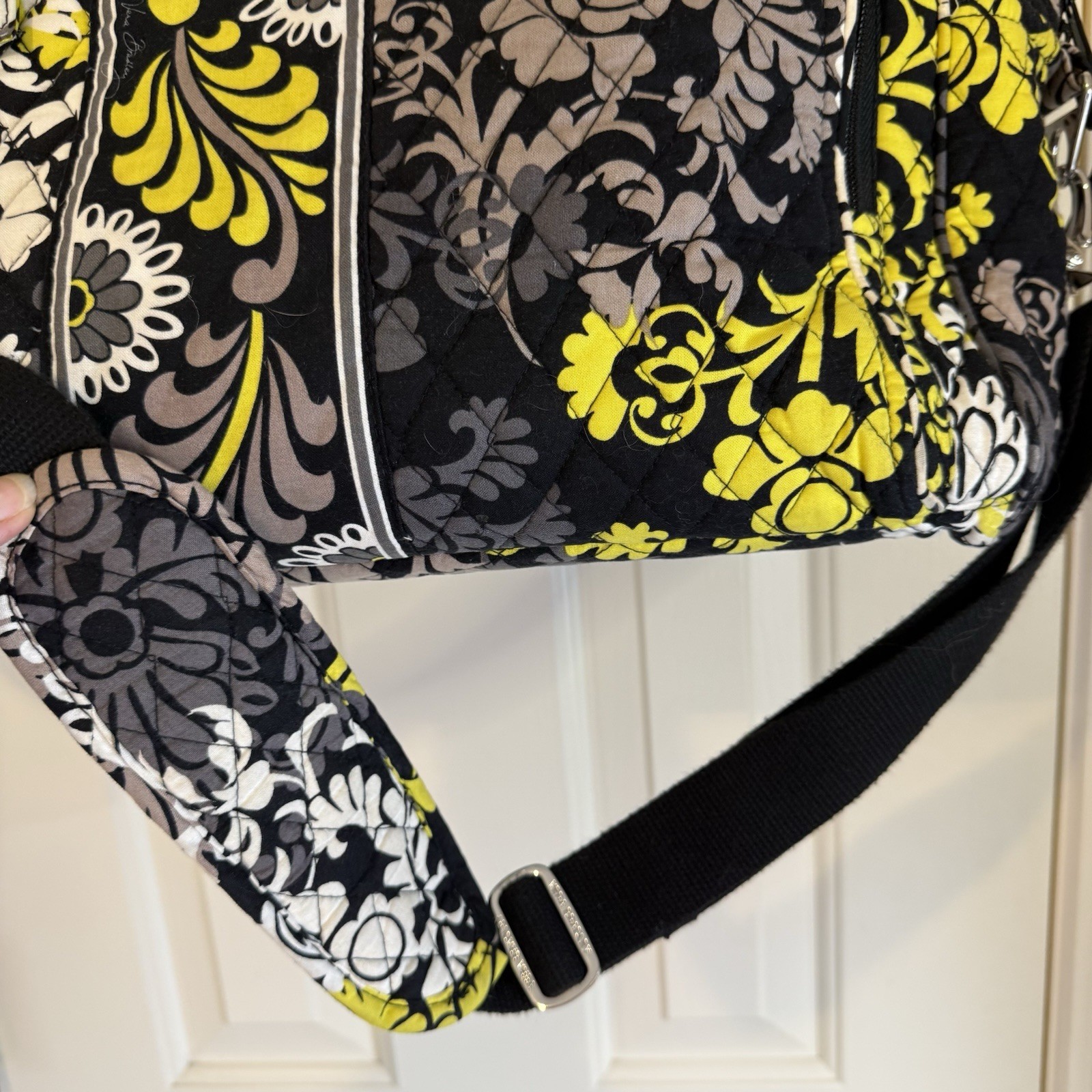 Vera Bradley Fanfare Traveler Weekender Bag Black White Yellow Boho Paisley