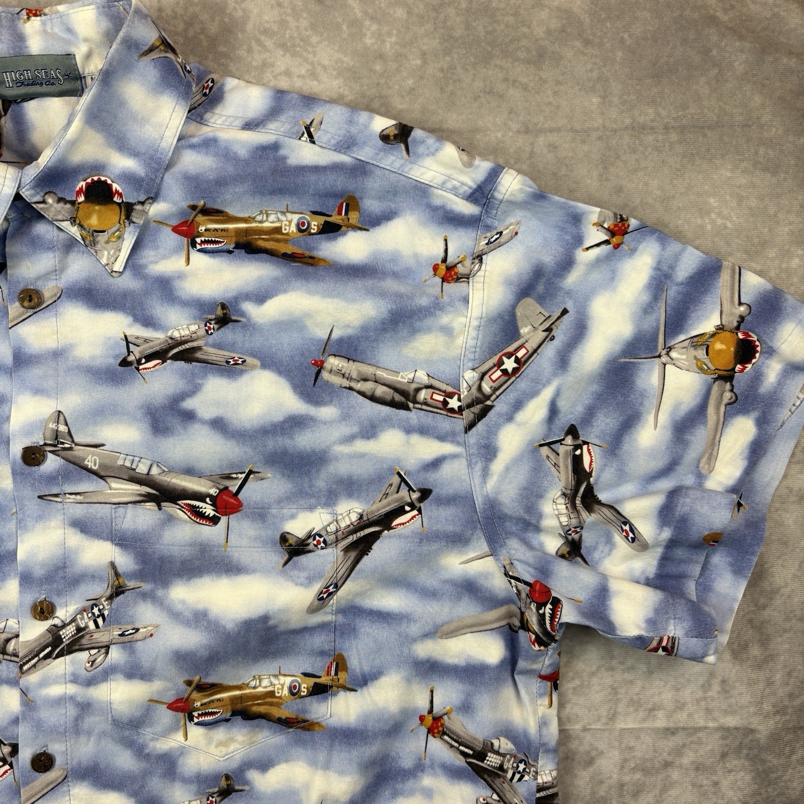 High Seas Trading Co Button Up Shirt Mens XL Blue Fighter Planes World War USA