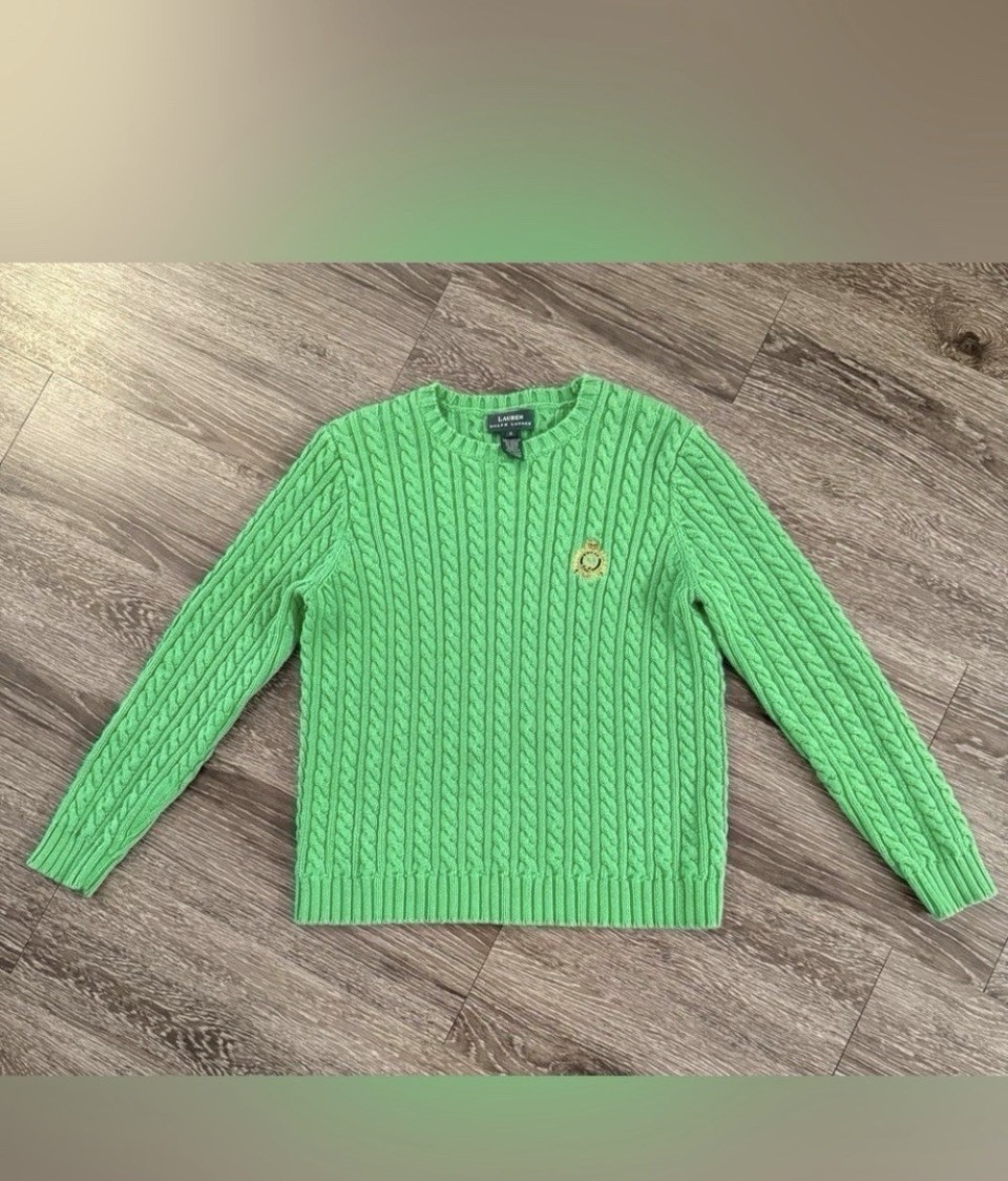 Lauren Ralph Lauren Green Cable-Knit Crew Neck Pullover Cotton Raglan S