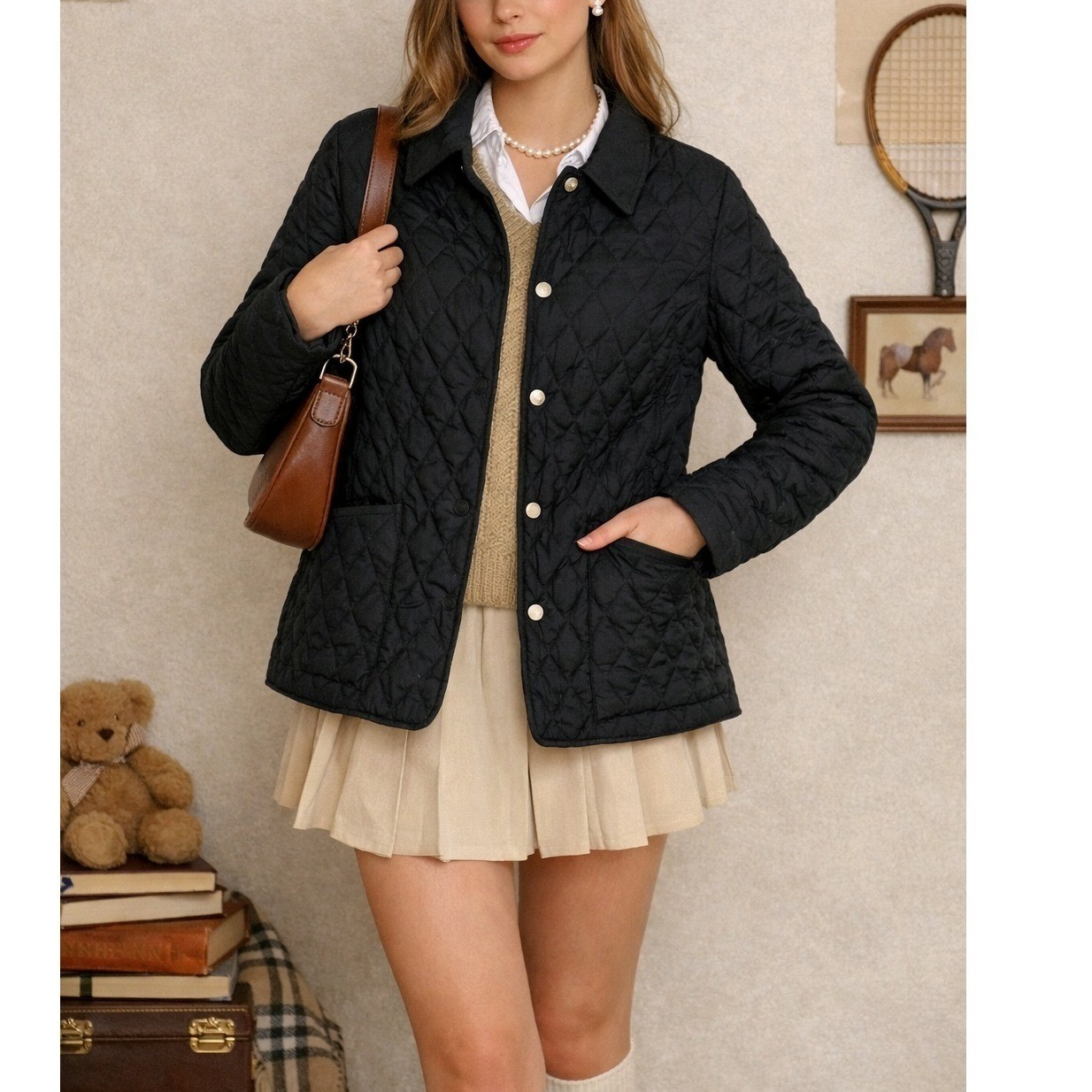 L.L. Bean Women’s Navy Quilted Barn Jacket Plaid Lined Snap Front Coat- L