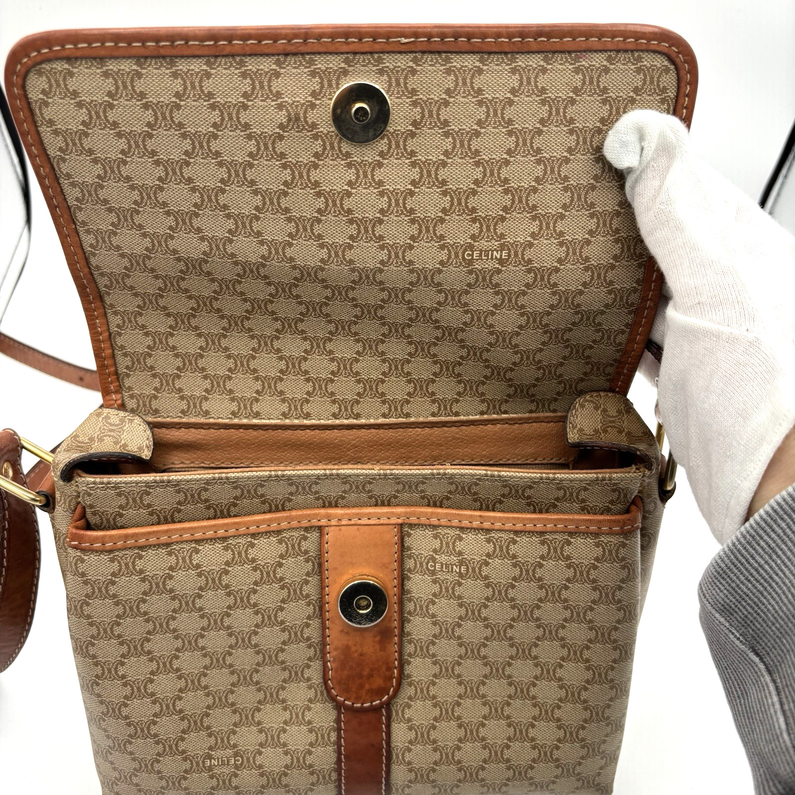 CELINE Macadam Canvas Shoulder Bag PVC Beige Gold Authentic 0046