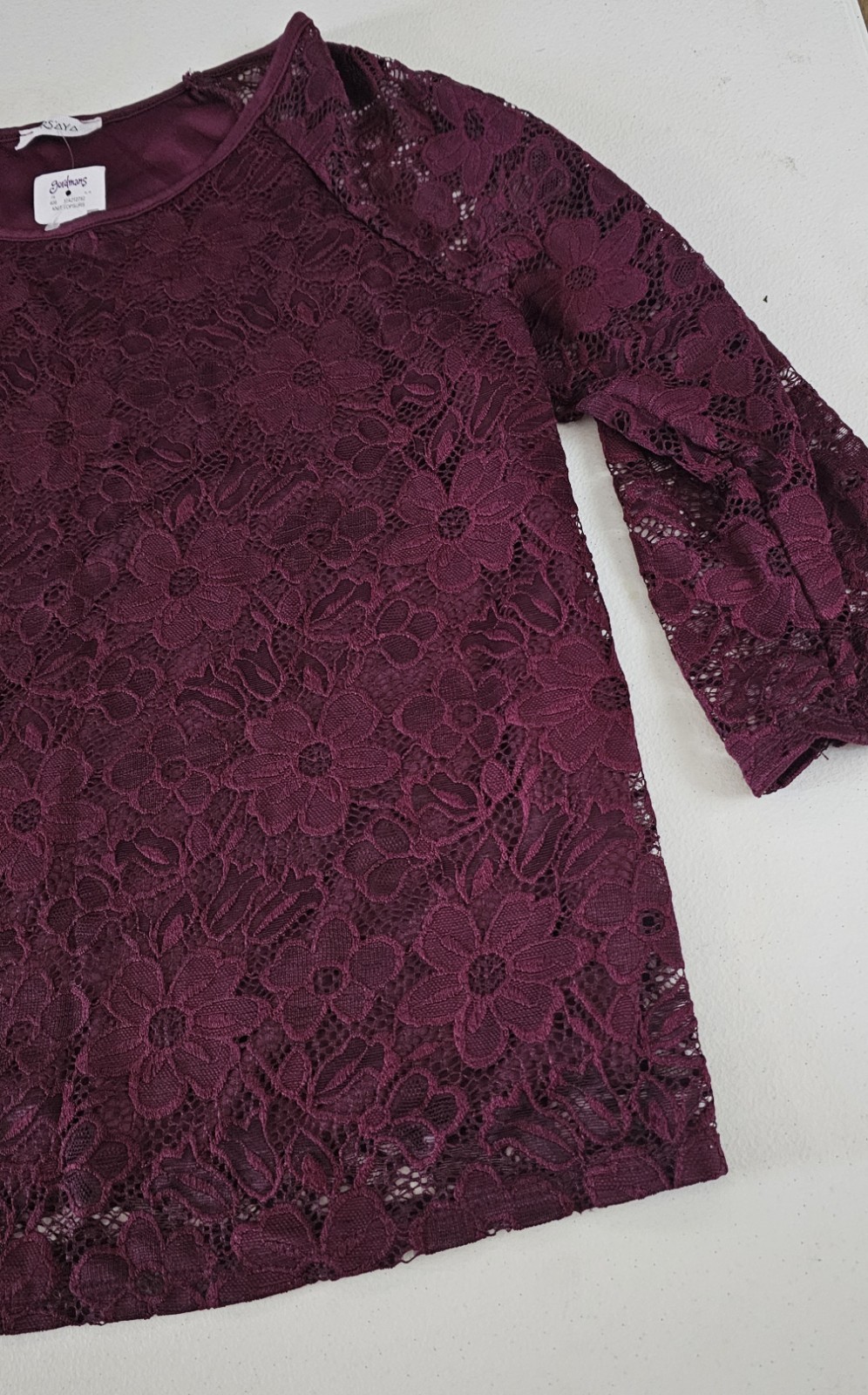 Persaya Womens Blouse Burgundy Floral Lace 3/4 Sleeve Sz L NEW