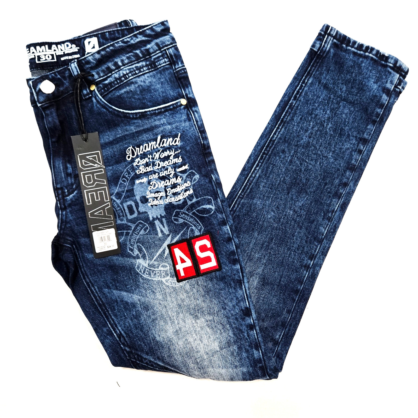 Dreamland Premium Men’s Jeans Blue Design Patch Distressed Skinny Fit Denim Jean
