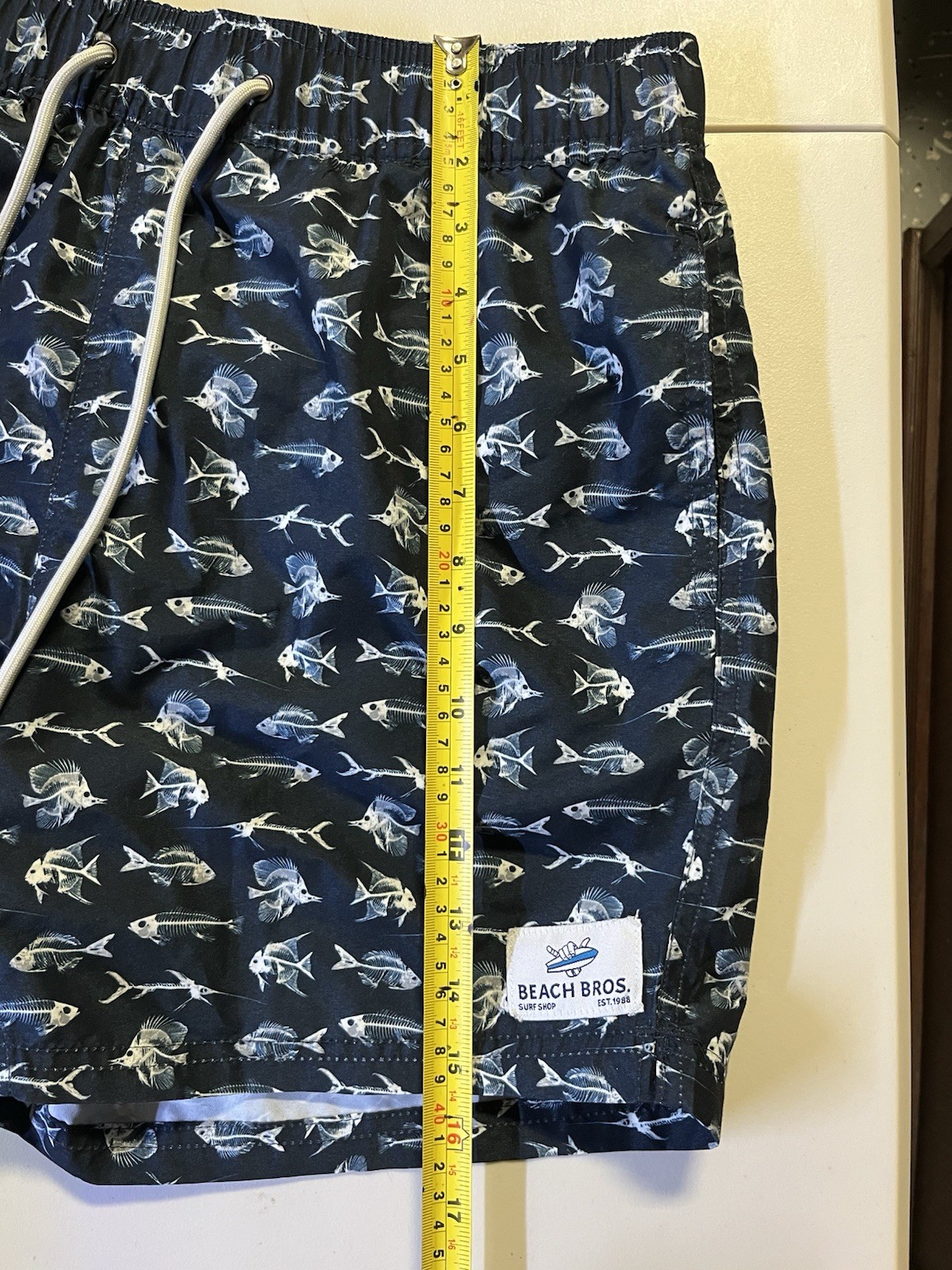 Men’s Beach Bros Swim Trunks Shorts Size M Blue/White Skeleton Fish Design