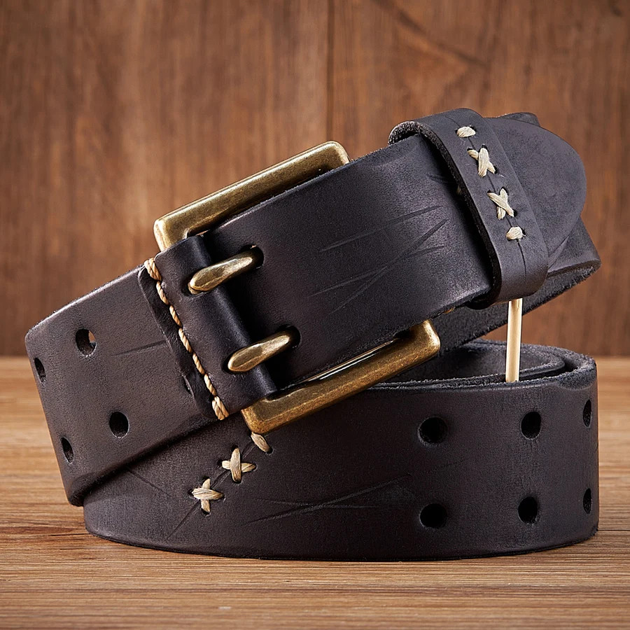 3.8CM Original Genuine Leather Army Tactical Belt Double-needle Buckle Men’s