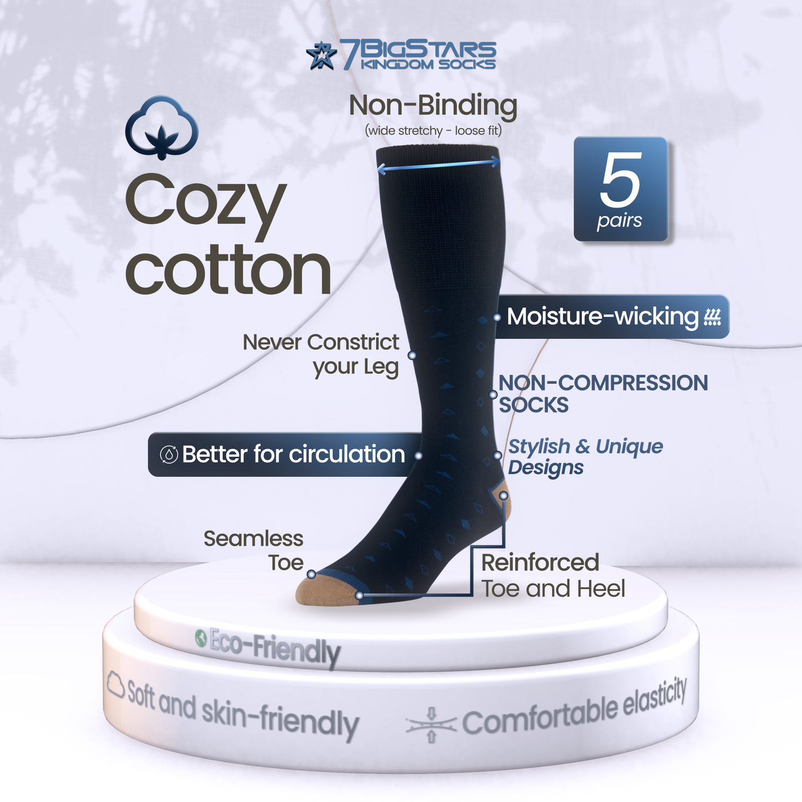 Men Diabetic Cotton Wide Mid-Calf Socks-5 Pack Large-Stripe Dot-Navy Beige Green