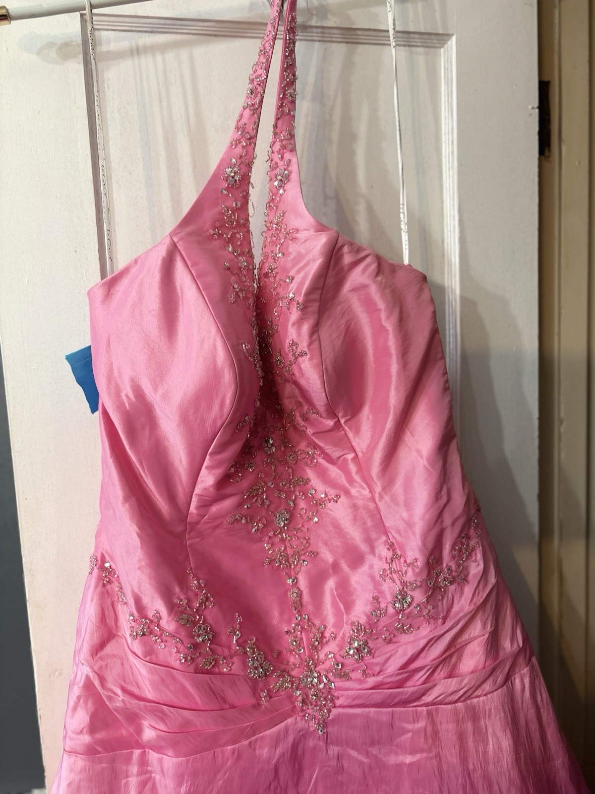 Pink Satin Halter Sleeveless Beaded Sequin Formal Ball Gown Long Dress 16