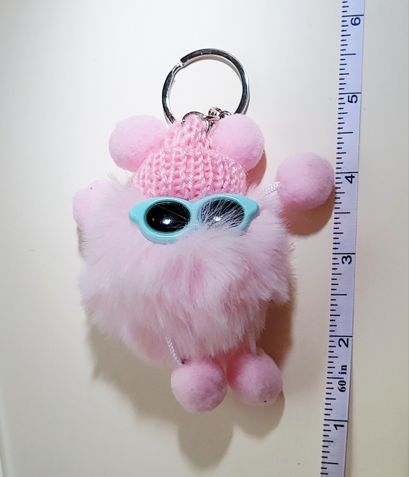 Cute Fluffy Pink Pom Pom Keychain, Sunnies & Knit Hat Accessories