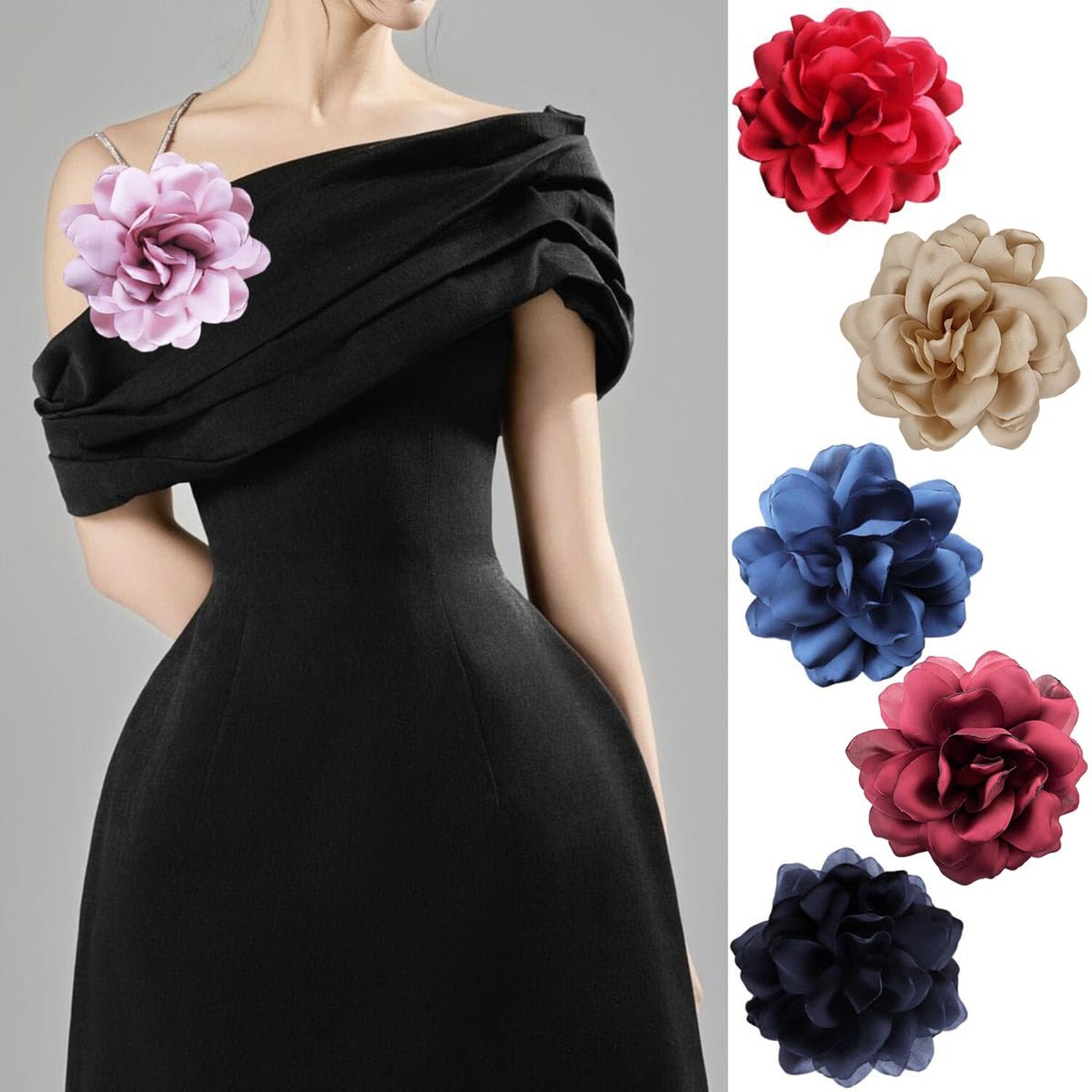 Large Camellia Satin Fabric Flower Brooch Pins Hairpin for Women,ladies. Khaki