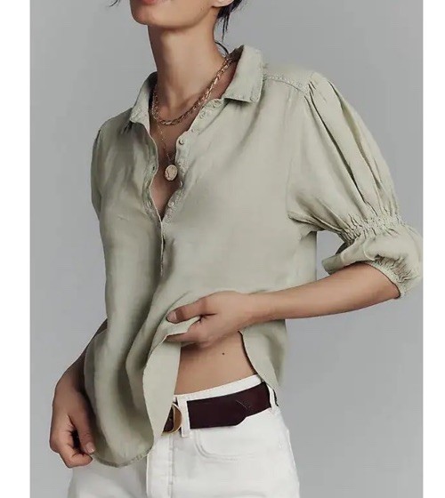 Pilcro Tallulah Double Puff Sleeve Linen Blouse 1/2 Button Mint Womens M