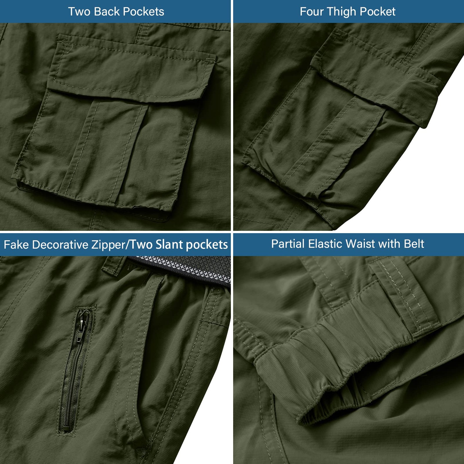 Men’s Lightweight Quick Dry Hiking Cargo Pants with 8 Pockets, Army Green, 32