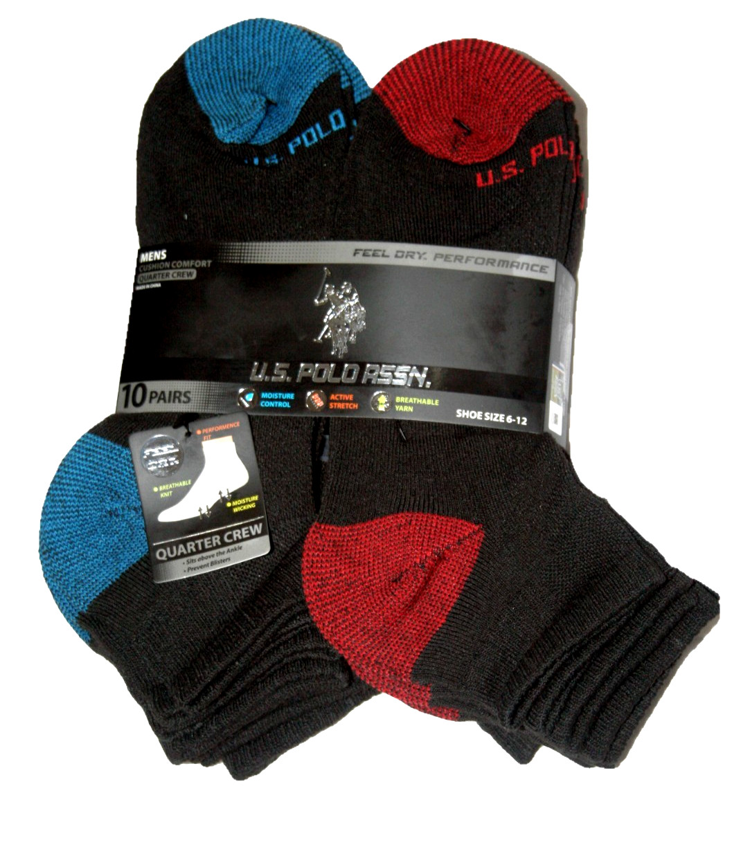 Men’s Quarter Crew Socks U.S. Polo Assn. 10 Pairs Size 6-12