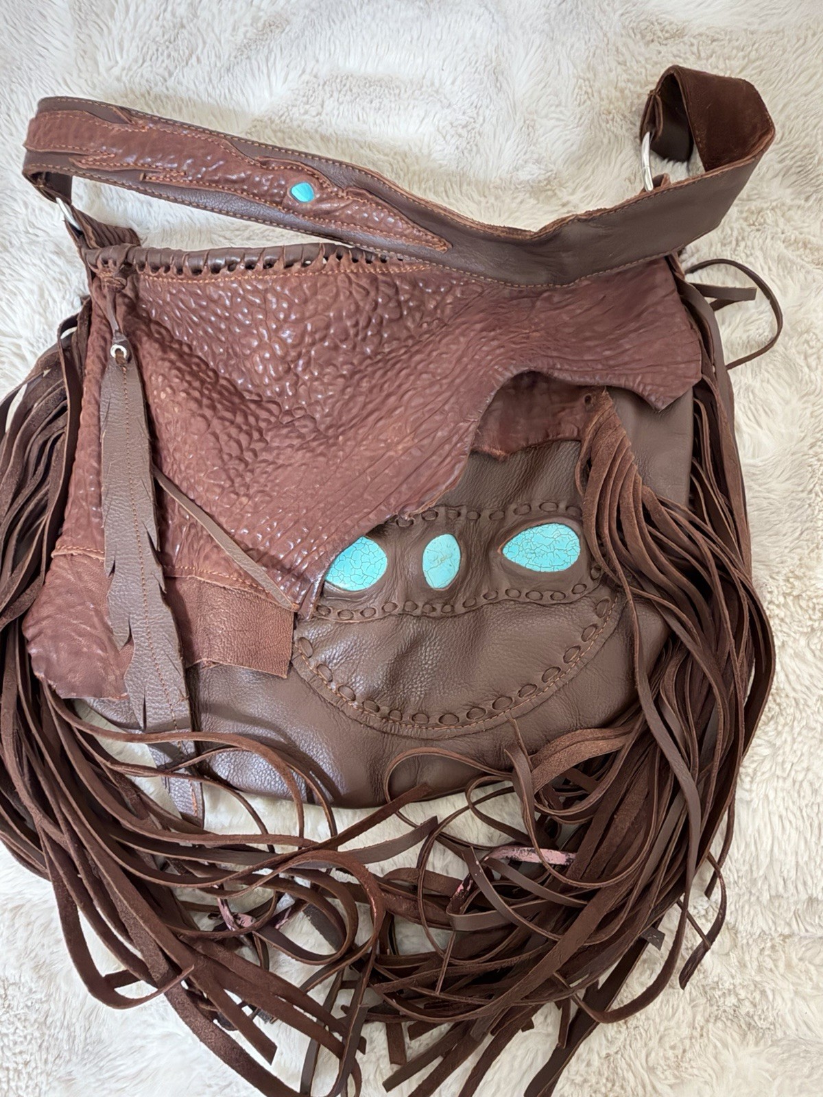 Brown Fringe Hobo Shoulder Bag Turquoise/Blue Paisley Flap Zip, Pouch
