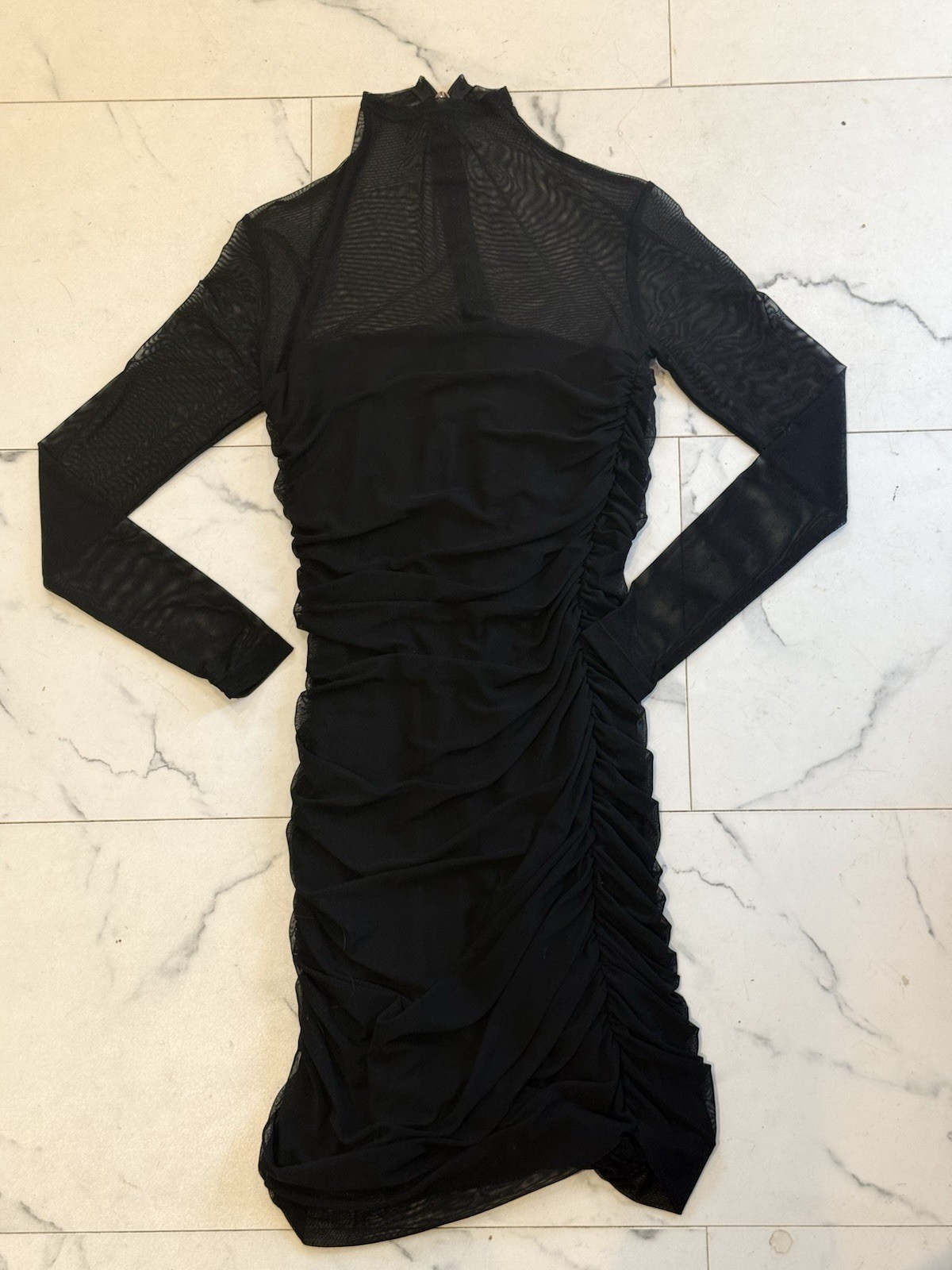 Nookie Poison Black Mesh Mock Neck Ruched Sheer Stretch Mini Dress Size M
