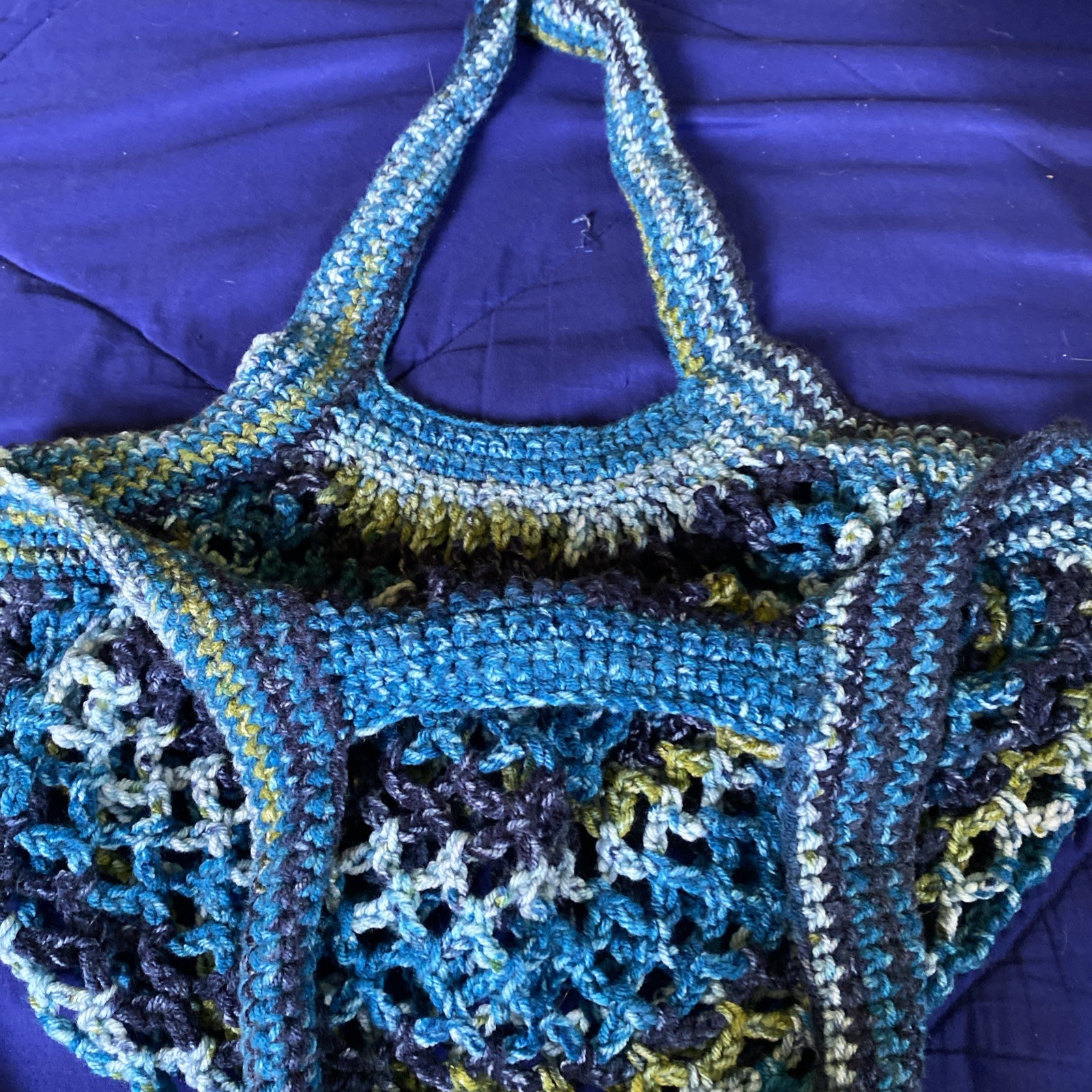 Medium Handmade Crocheted French Mesh Market Bag Blue|Green