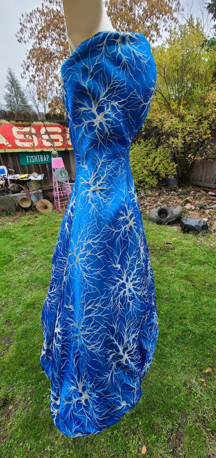 Rare VTG 50s FRANK USHER Blue Metallic Lightning/Branch/Neuron Jacquard Dress