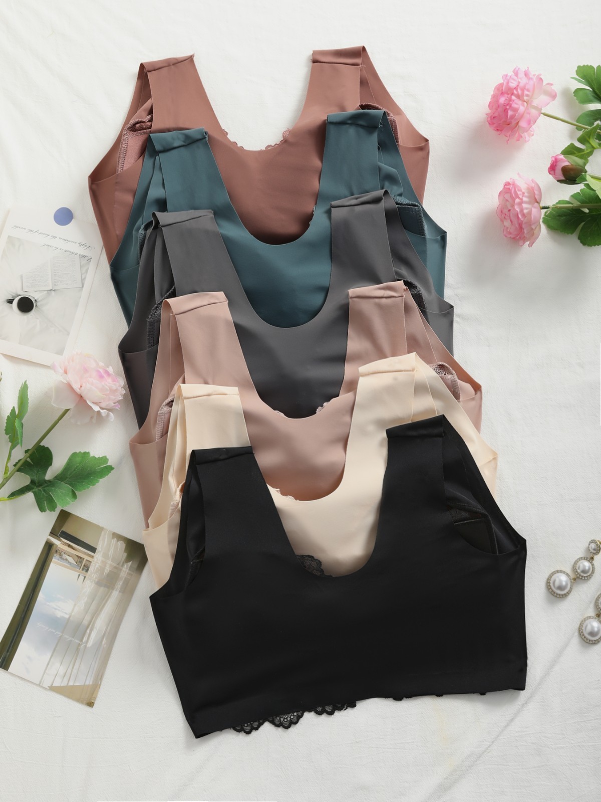 6Pcs Front Closure Lace Wireless Bra Wide Strap Comfort Support Bralette
