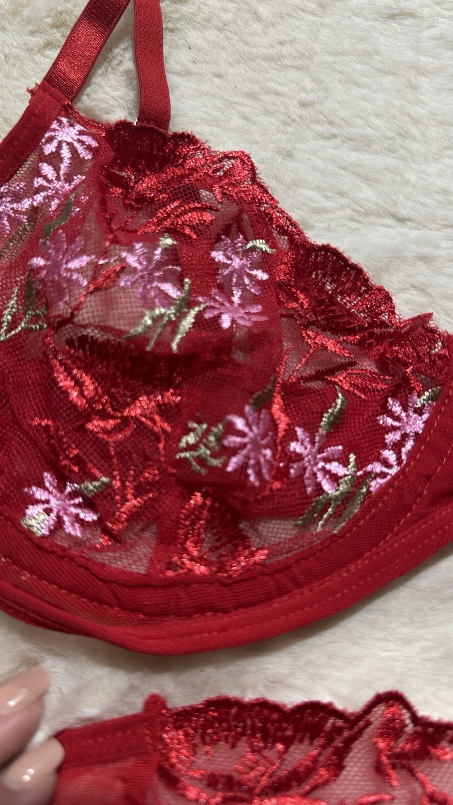 Red Lace Mesh Bra & Panties Set, Floral, Size L, New