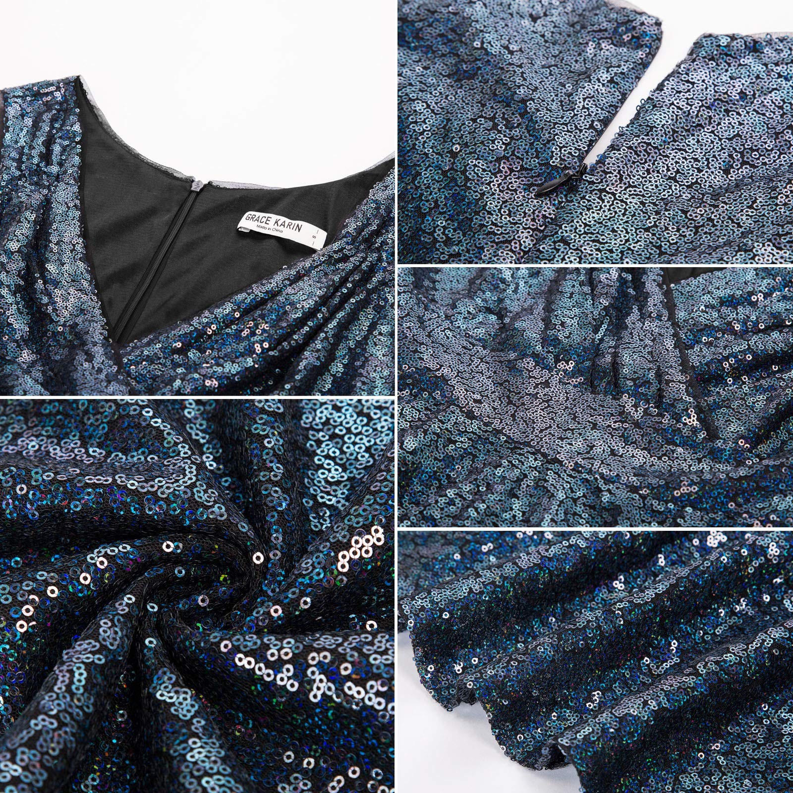 GRACE KARIN Fit & Flare Dress Blue-Green Sequin Sleeveless V-Neck A-Line Medium