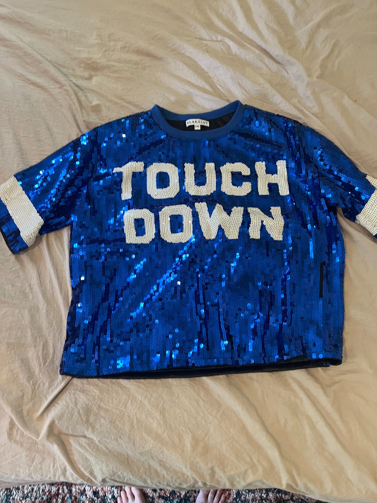 BLAKELEY Royal Blue Sequin TOUCHDOWN Football Jersey Tee Shirt Womens L/XL Gamed