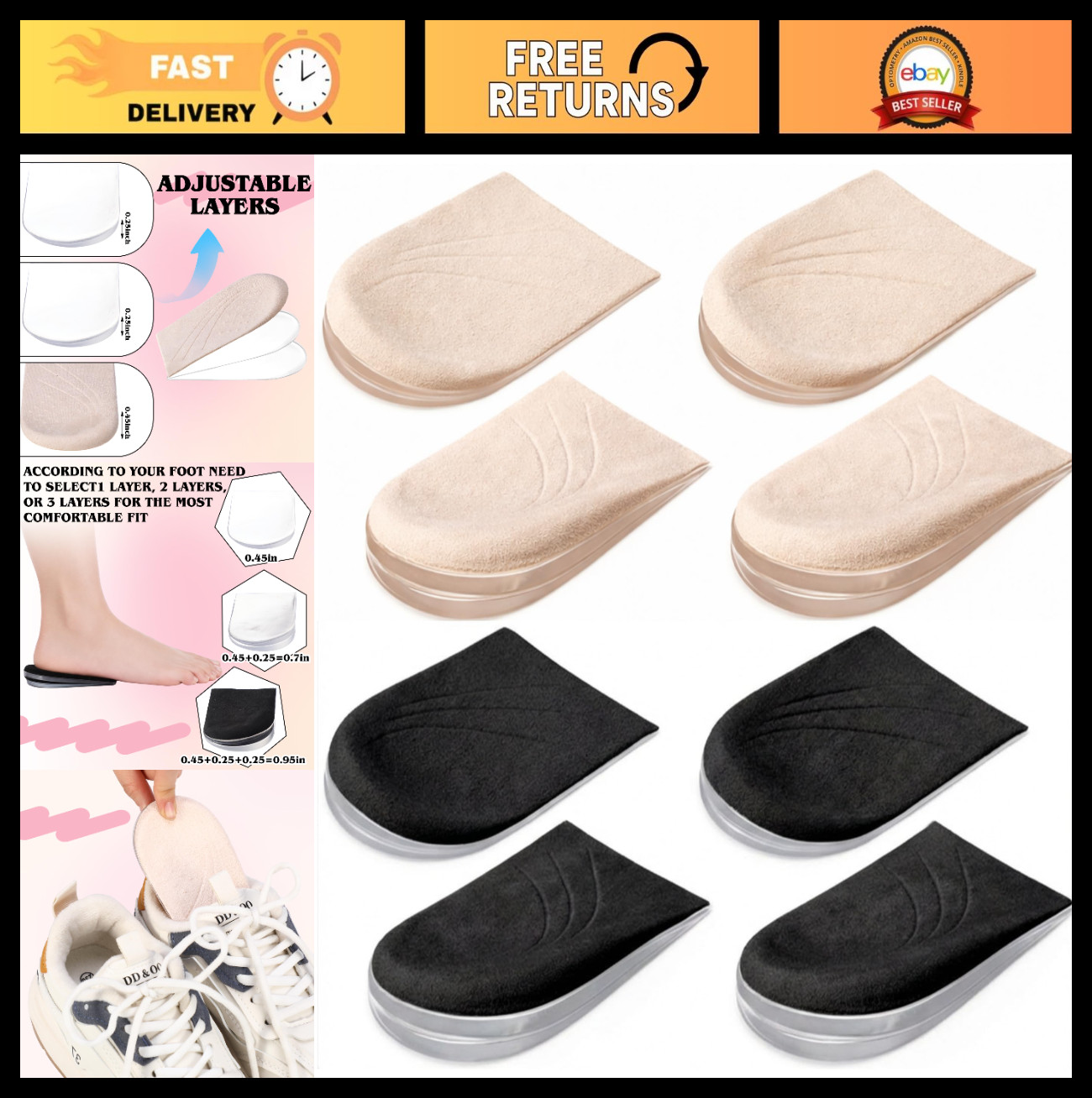 4 Pairs Adjustable Heel Wedge Insoles for Supination Overpronation Pain Relief