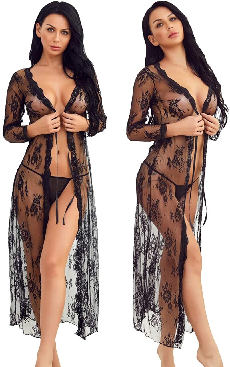 Women Sexy Lingerie See Through Lace Dress Sleepwear Sheer Kimono Robe Nightwear