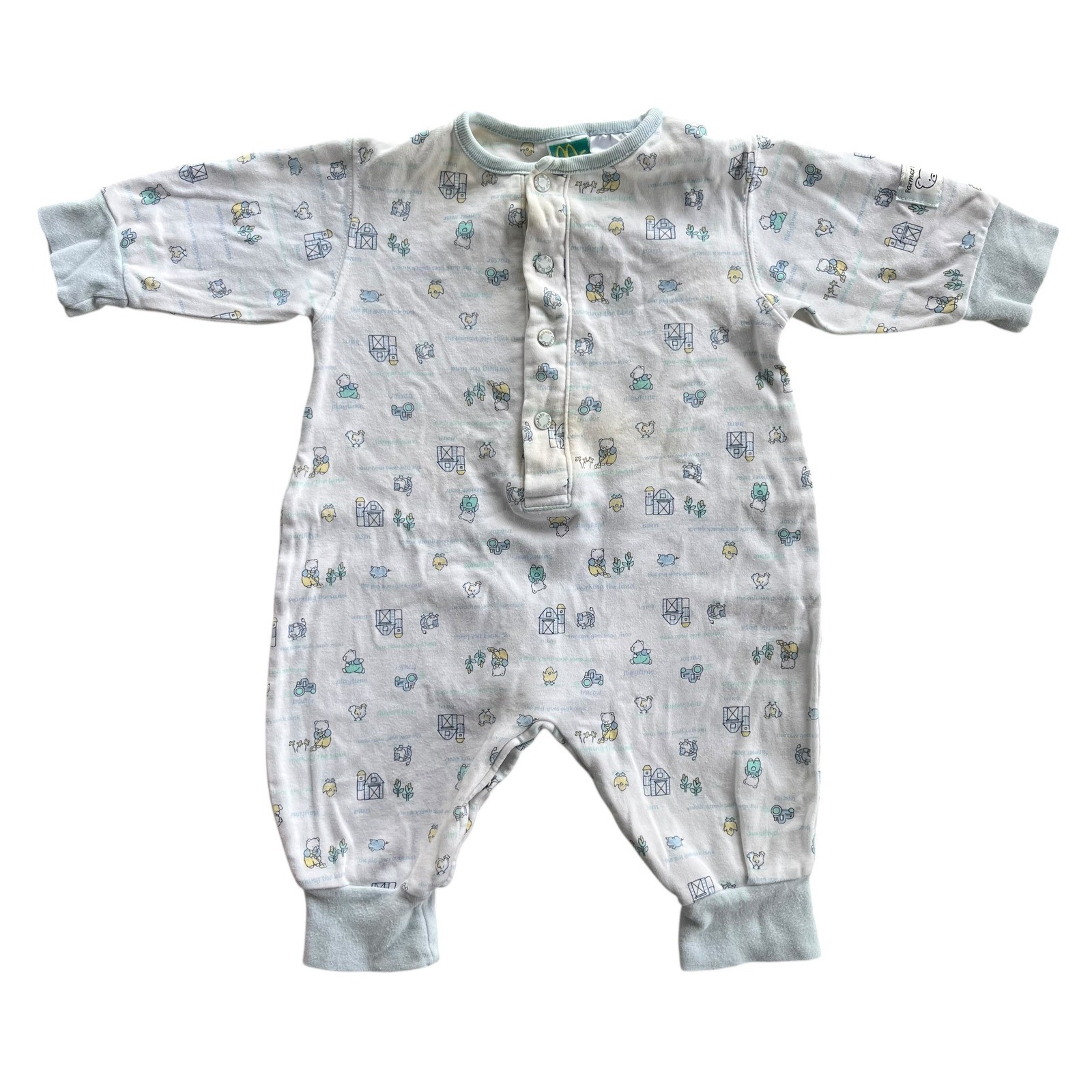 McBaby 6-9 M White Blue Farmer Bear Animal Tractor Print Romper Jumpsuit Vintage
