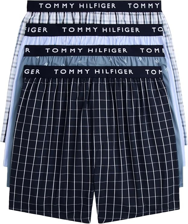 TOMMY HILFIGER MEN X4 – 263 BLUE WATER – LARGE 4 PACK WOVEN BOXER UNDERWEAR